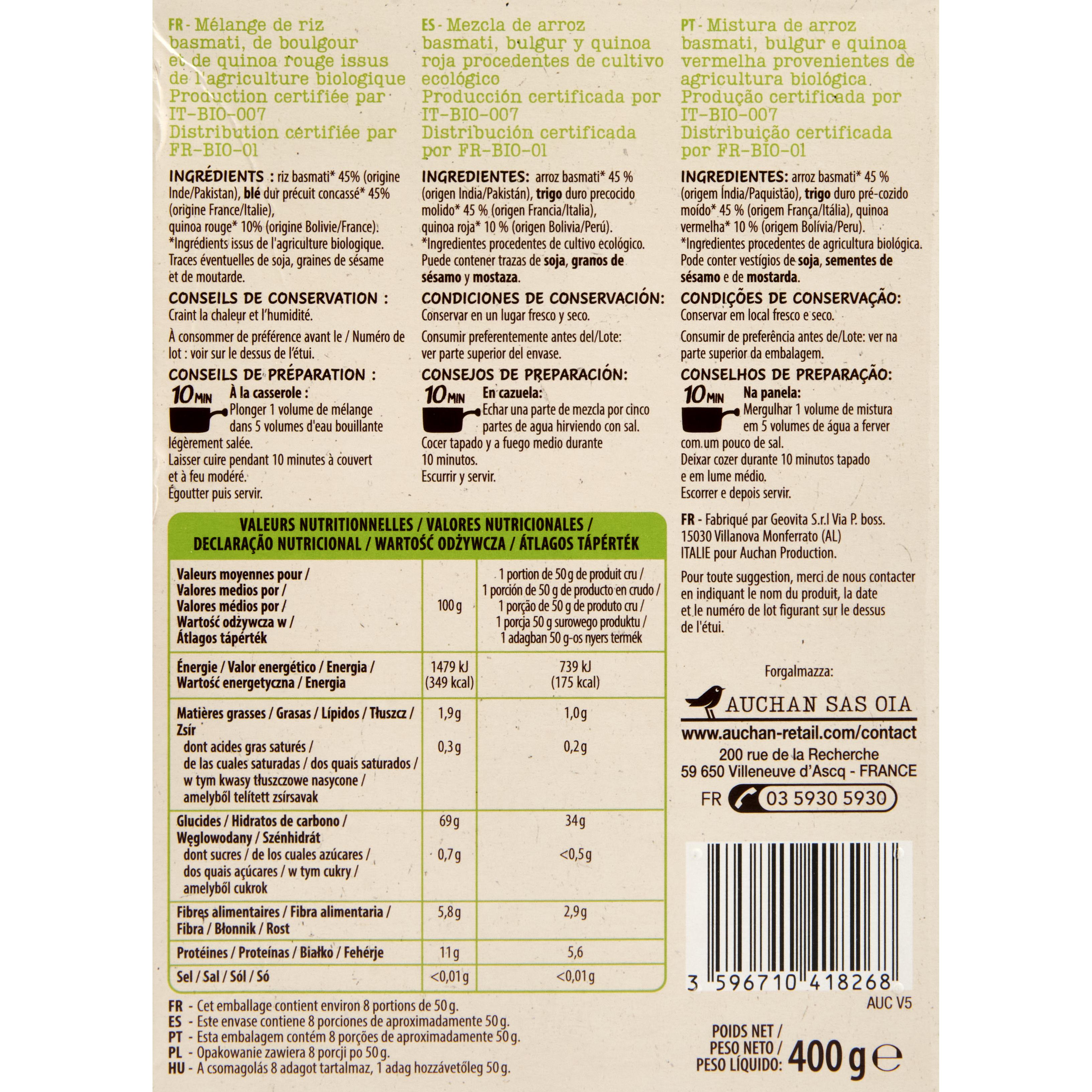 Voir la diapositive 4 : AUCHAN BIO Riz basmati boulgour quinoa rouge prêt en 10min 400g