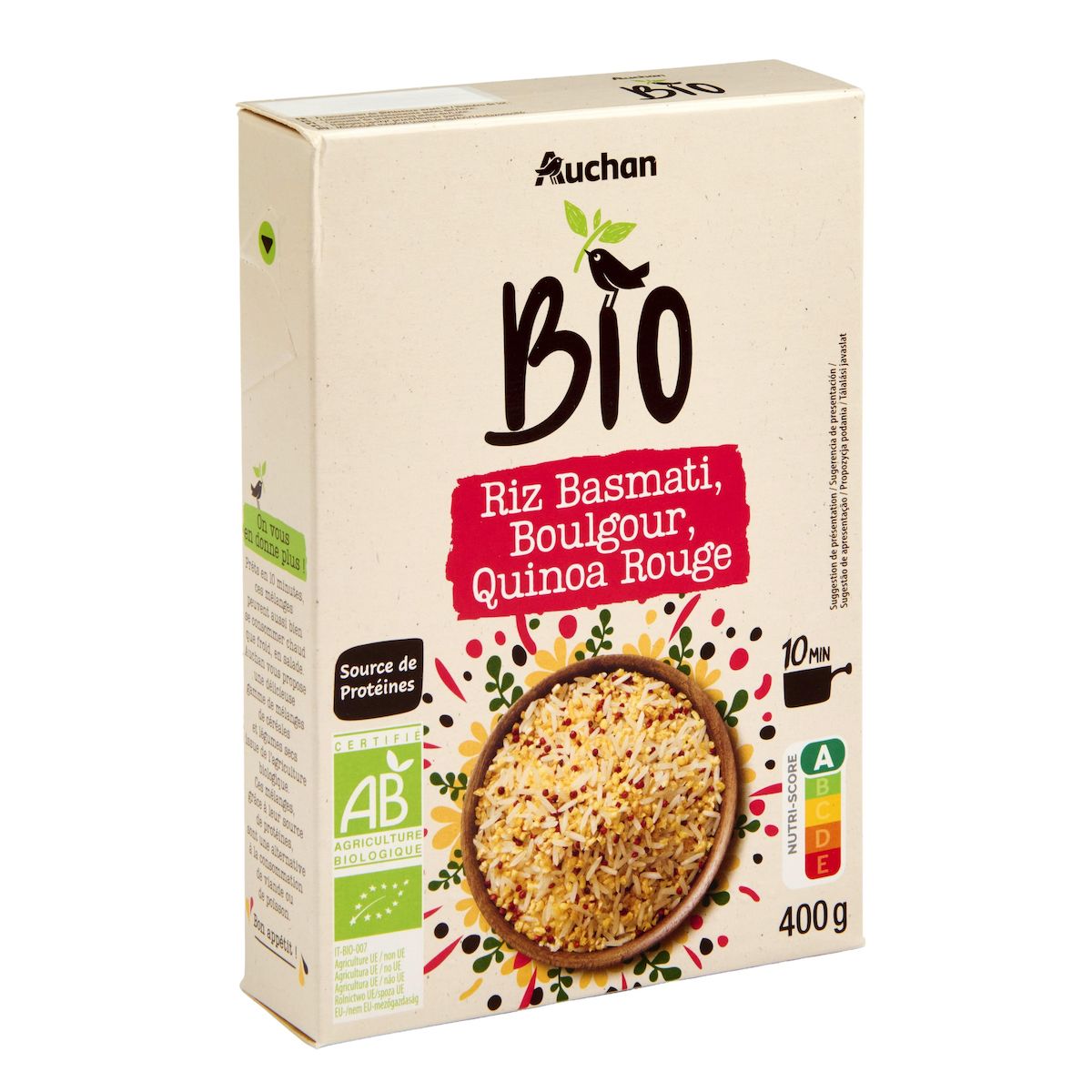 AUCHAN BIO Riz basmati boulgour quinoa rouge prêt en 10min 400g