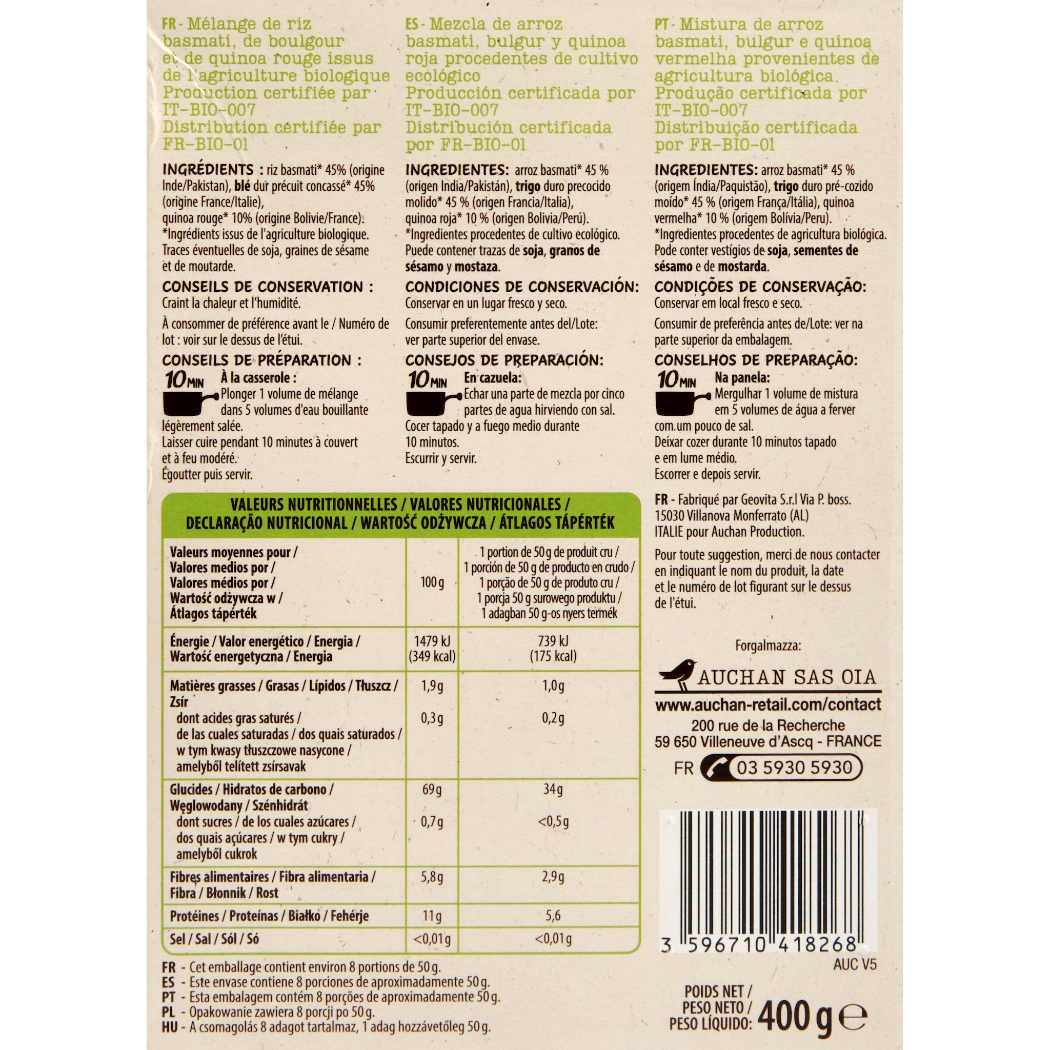 Voir la diapositive 4 : AUCHAN BIO Riz basmati boulgour quinoa rouge prêt en 10min 400g
