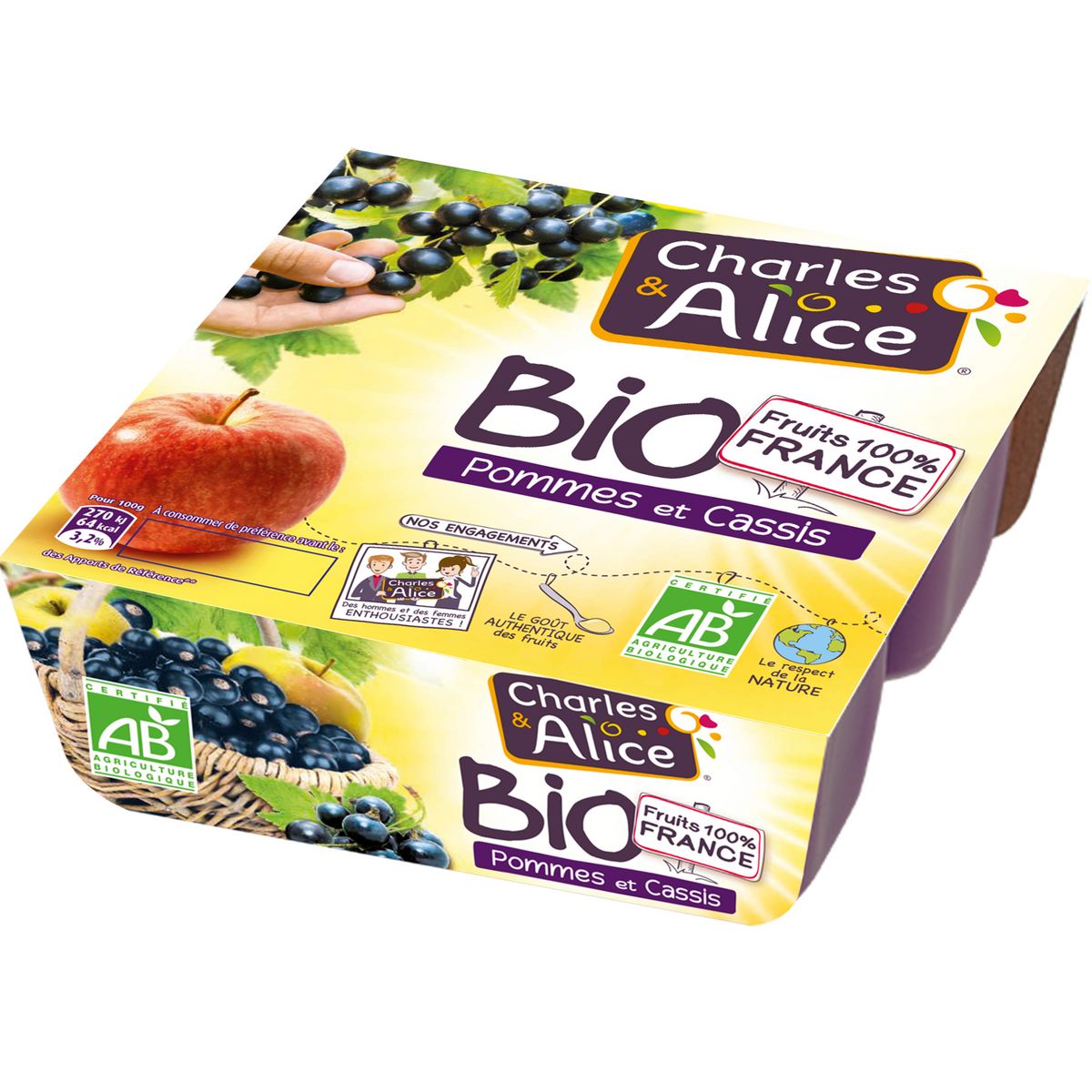 CHARLES & ALICE Spécialité bio pomme cassis 4x95g