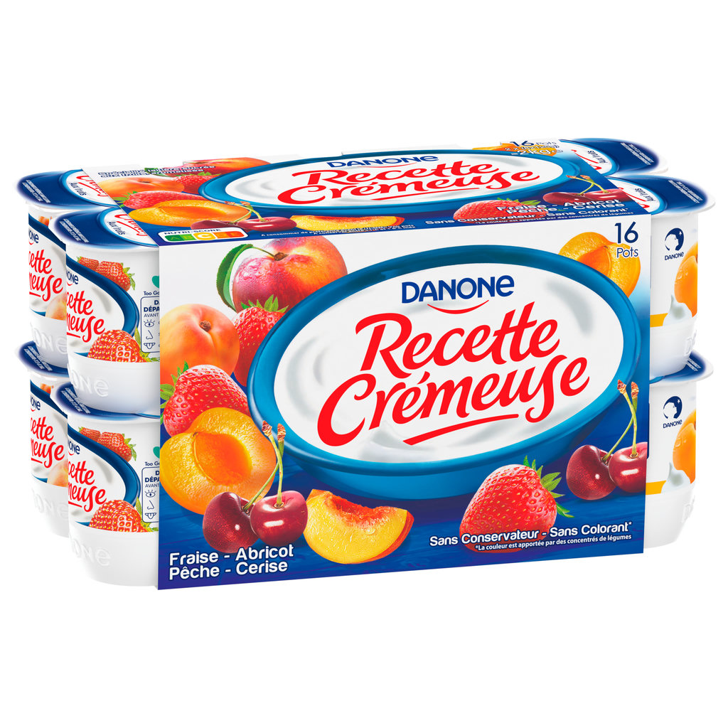 DANONE Yaourt aux fruits fraise abricot pêche cerise avec morceaux - Recette crémeuse 16x125g