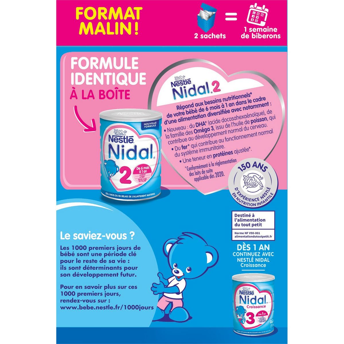 NESTLE Nidal 2 lait 2ème âge en poudre dès 6 mois 2x350g