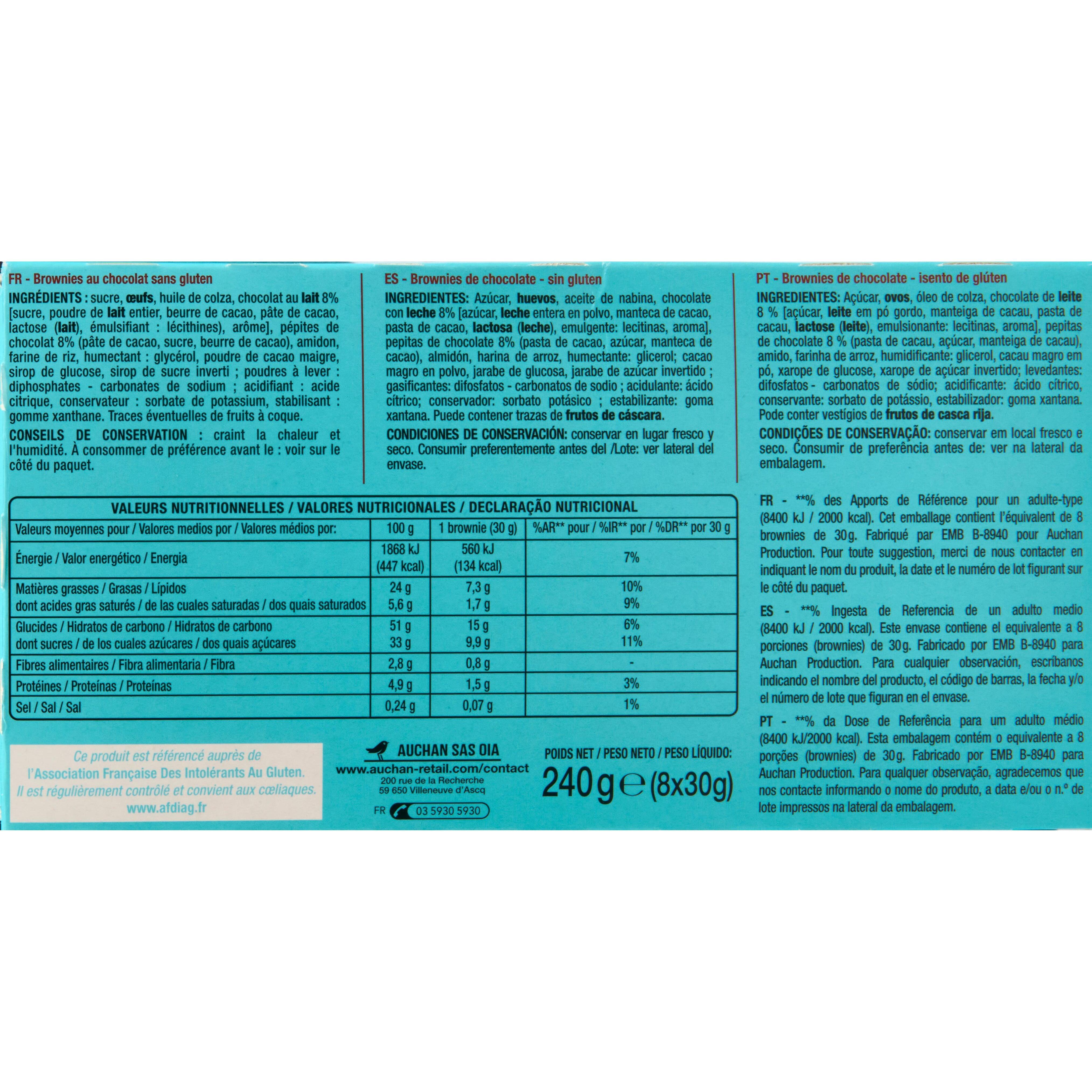 Voir la diapositive 4 : AUCHAN Brownies sans gluten sachets individuels 8 brownies 240g