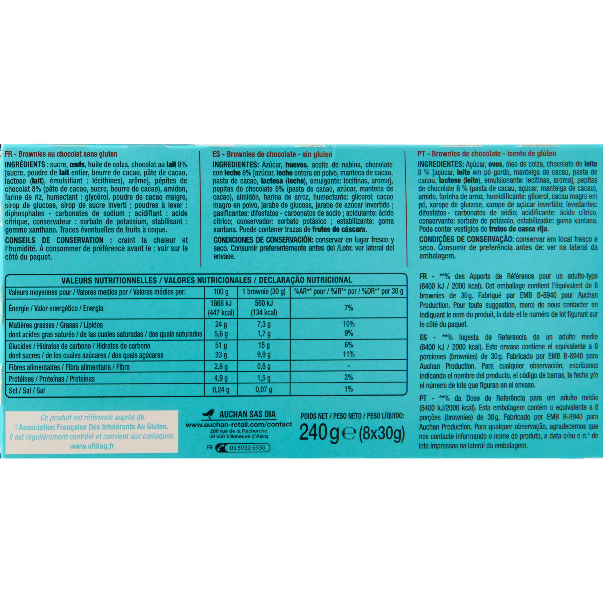 Voir la diapositive 4 : AUCHAN Brownies sans gluten sachets individuels 8 brownies 240g