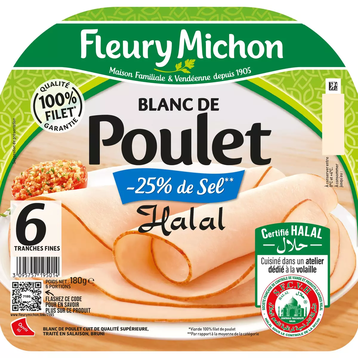 FLEURY MICHON Blanc de poulet réduit en sel halal 6 tranches 180g