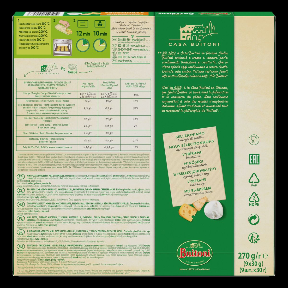 BUITONI Piccolinis - mini pizza aux 3 fromages 9 pièces 270g