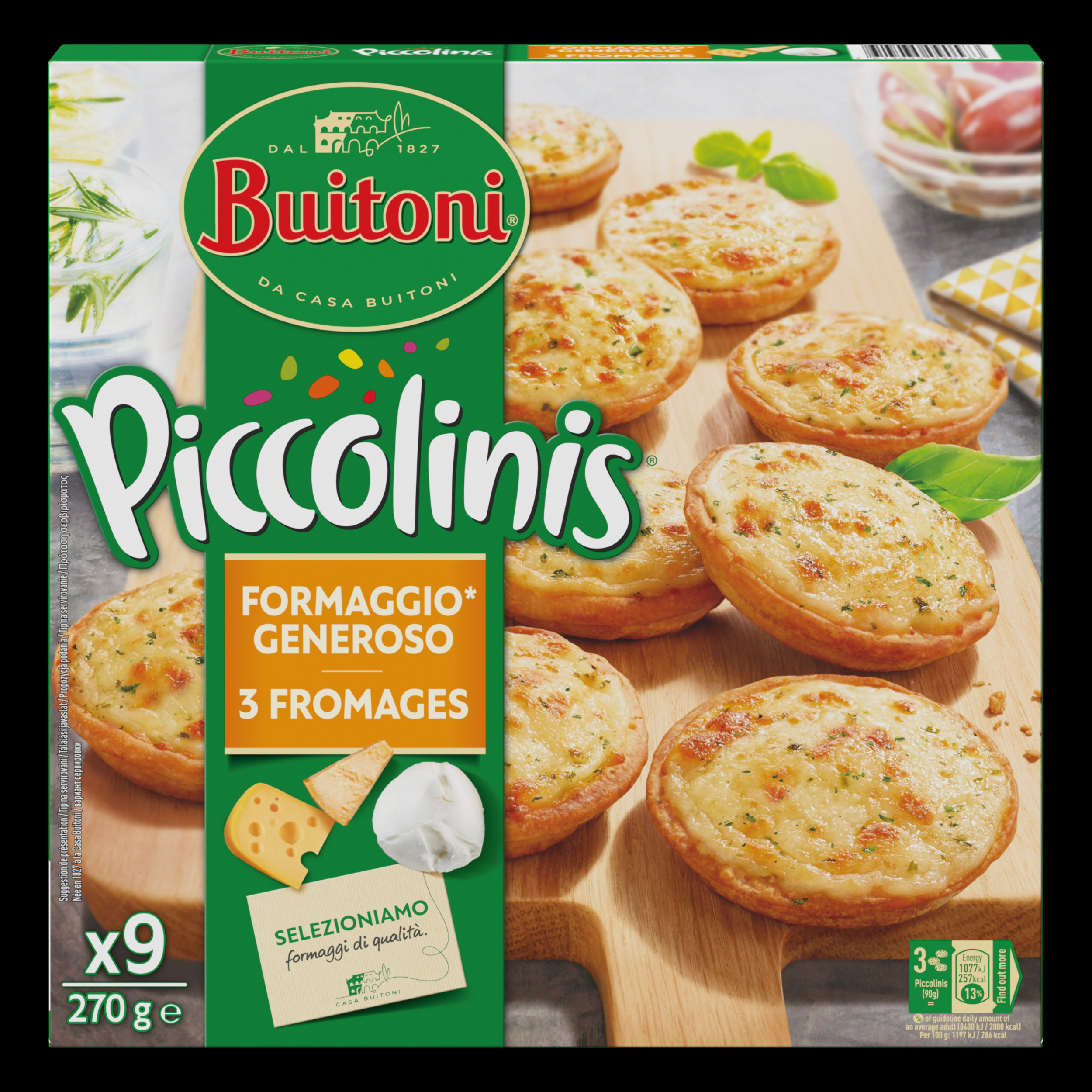 Voir la diapositive 3 : BUITONI Piccolinis - mini pizza aux 3 fromages 9 pièces 270g