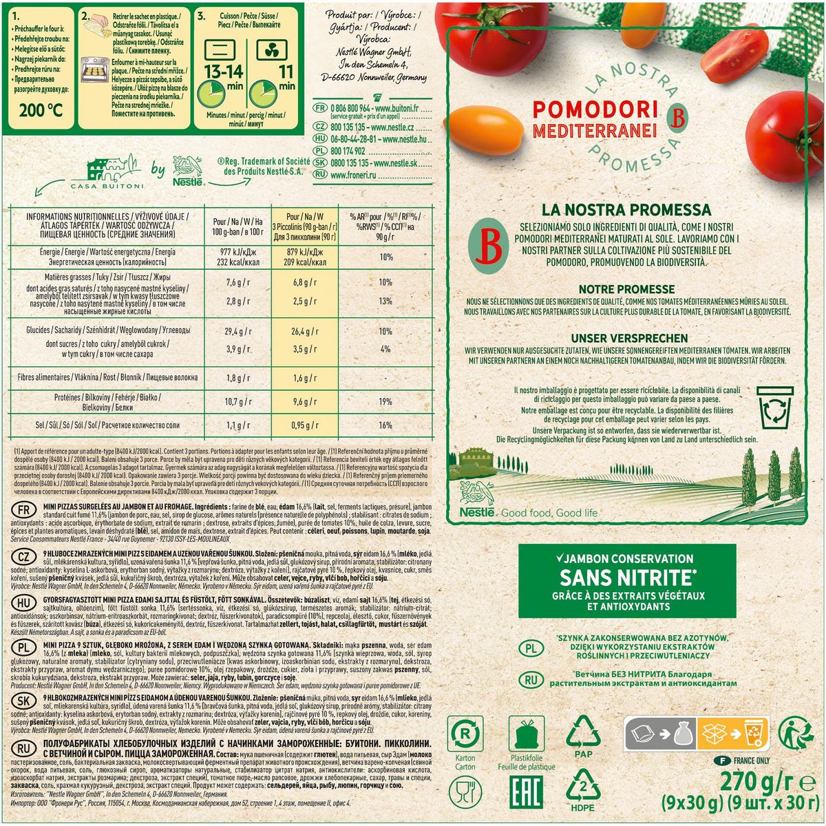 BUITONI Piccolinis - mini pizza au jambon fromage 9 pièces 270g