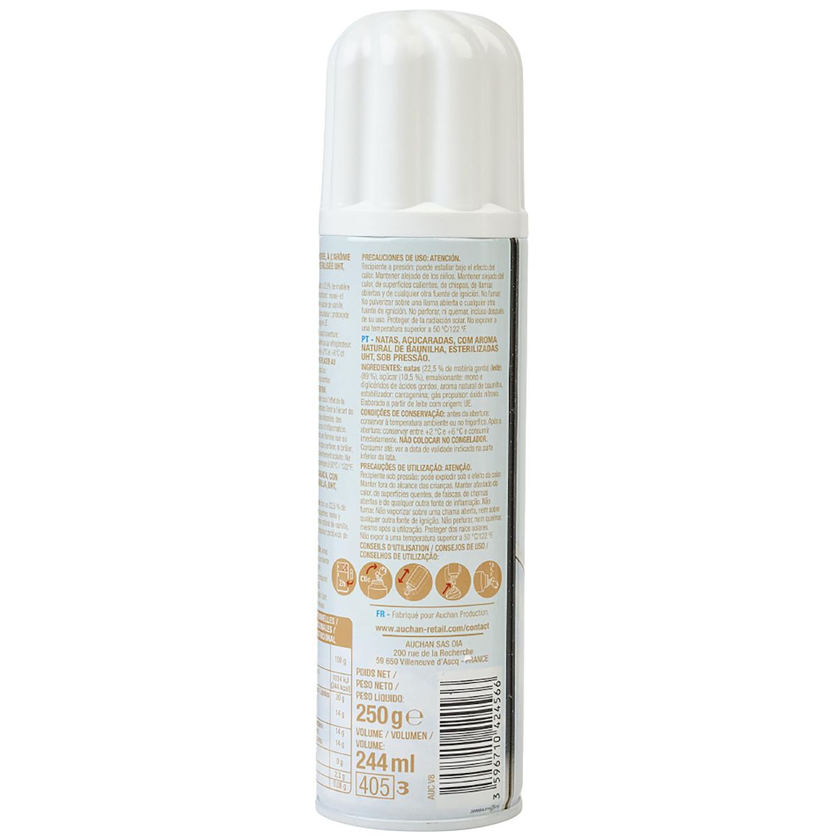 AUCHAN Crème fouettée légère sucrée à la vanille 20% MG UHT 250g