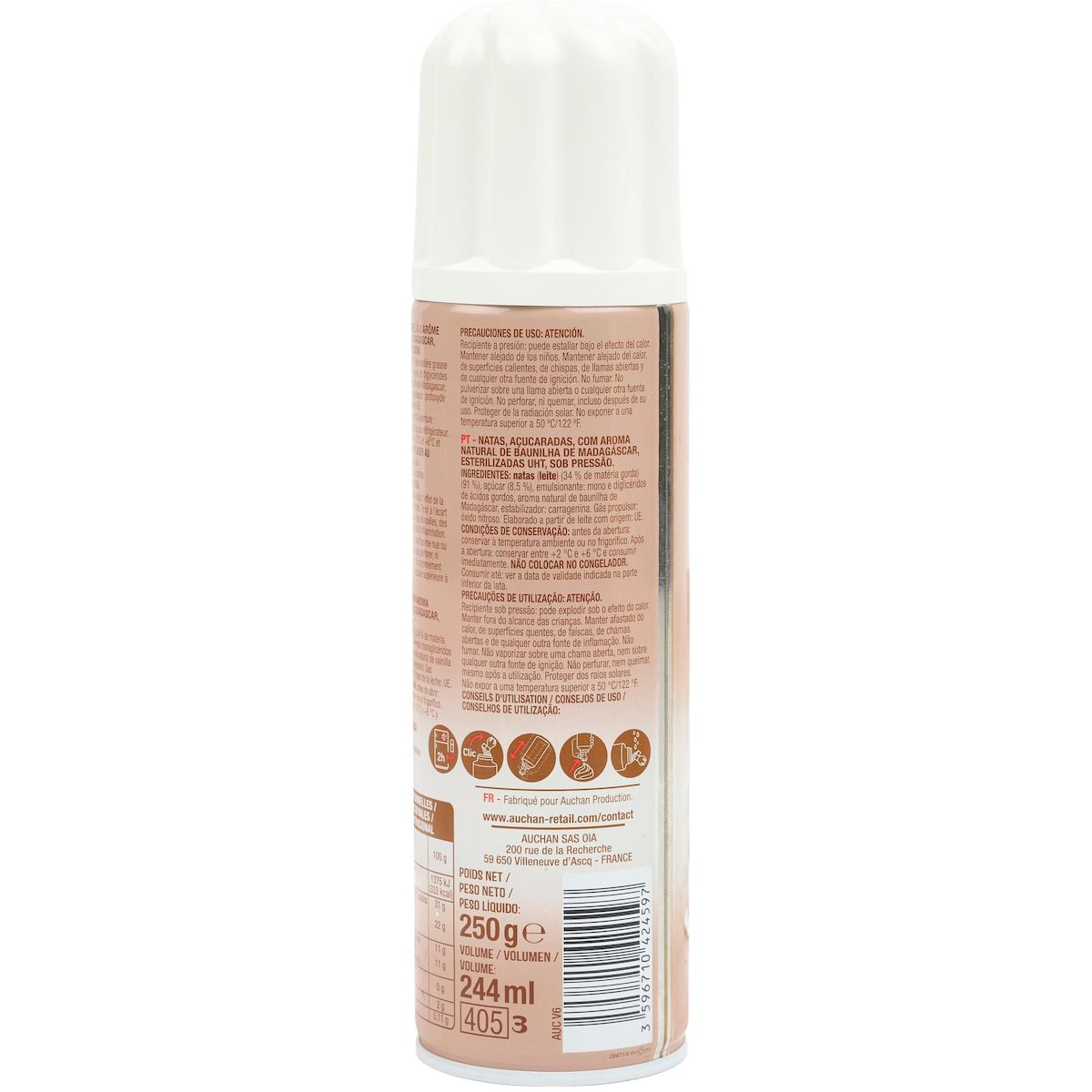 AUCHAN Crème fouettée sucrée à la Vanille de Madagascar UHT 250g