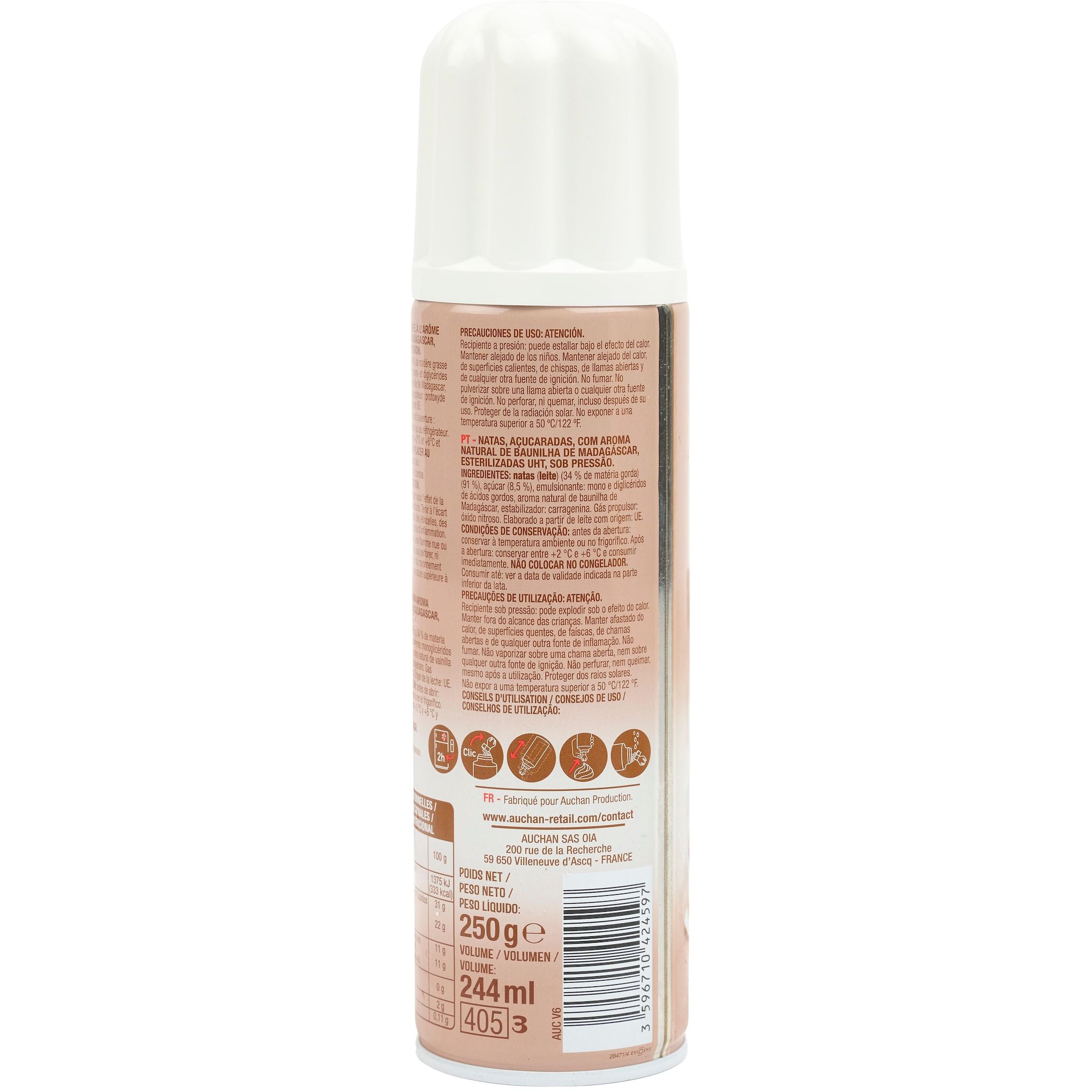 Voir la diapositive 4 : AUCHAN Crème fouettée sucrée à la Vanille de Madagascar UHT 250g