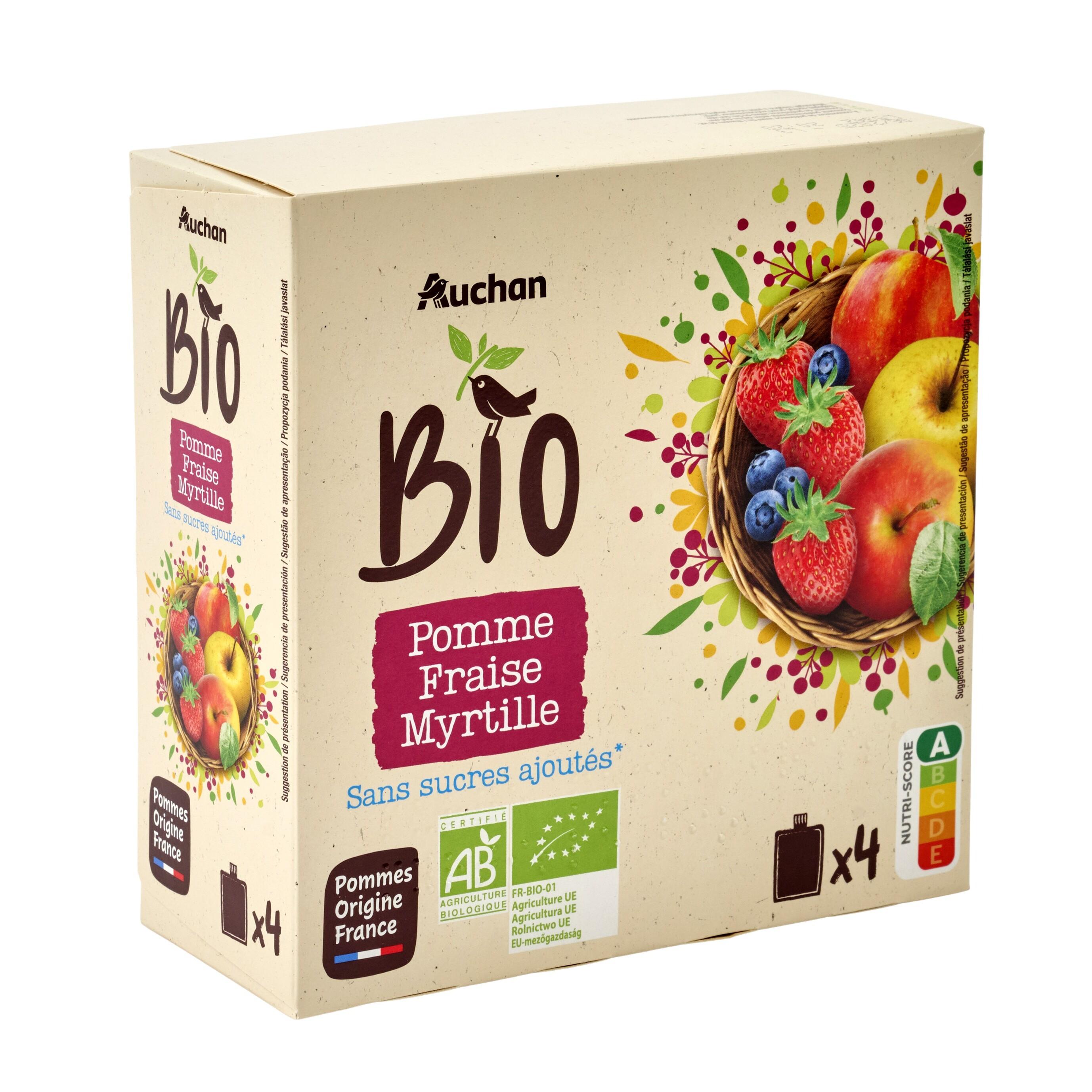 Voir la diapositive 2 : AUCHAN BIO Gourdes purée de pomme fraise myrtille sans sucres ajoutés 4x90g