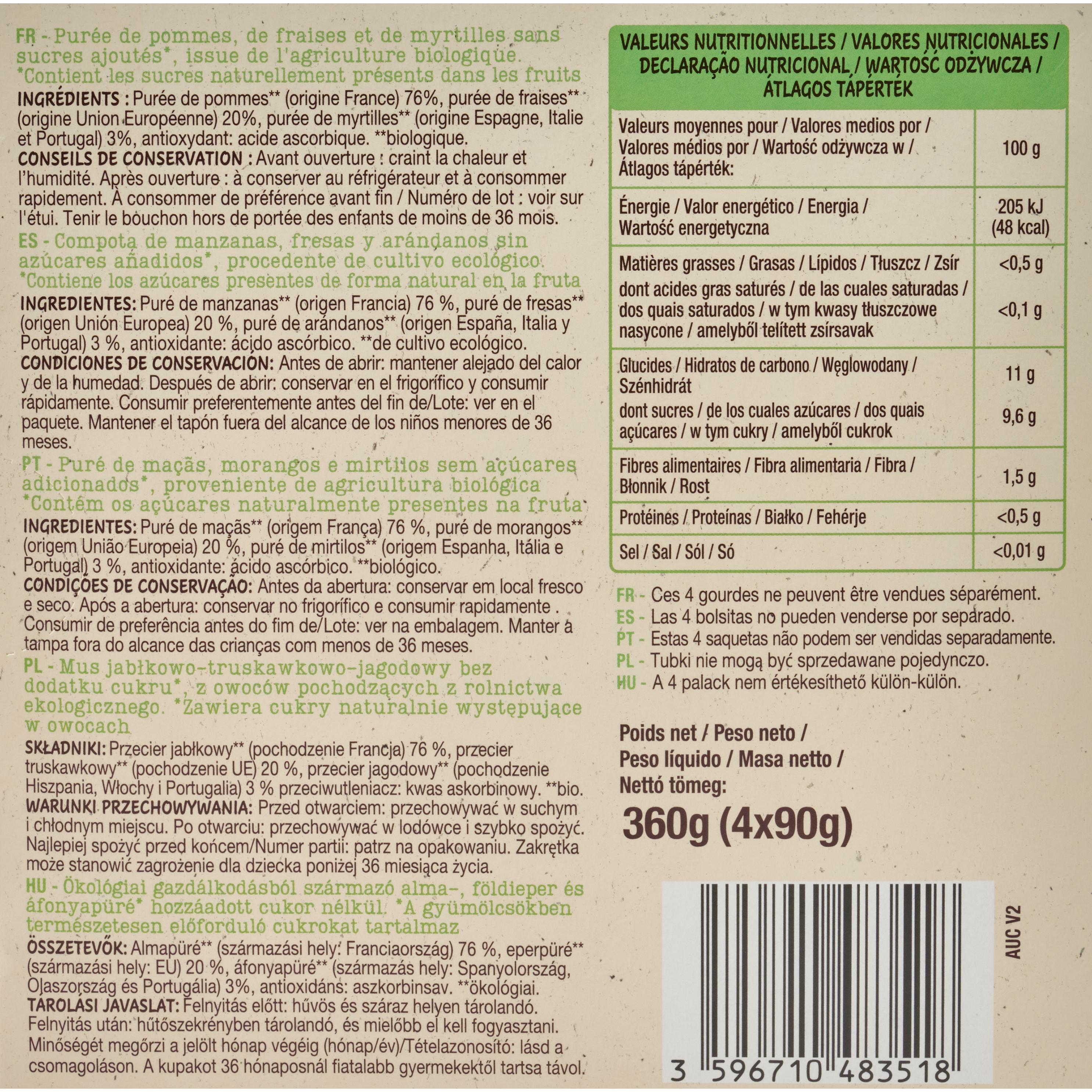 Voir la diapositive 3 : AUCHAN BIO Gourdes purée de pomme fraise myrtille sans sucres ajoutés 4x90g