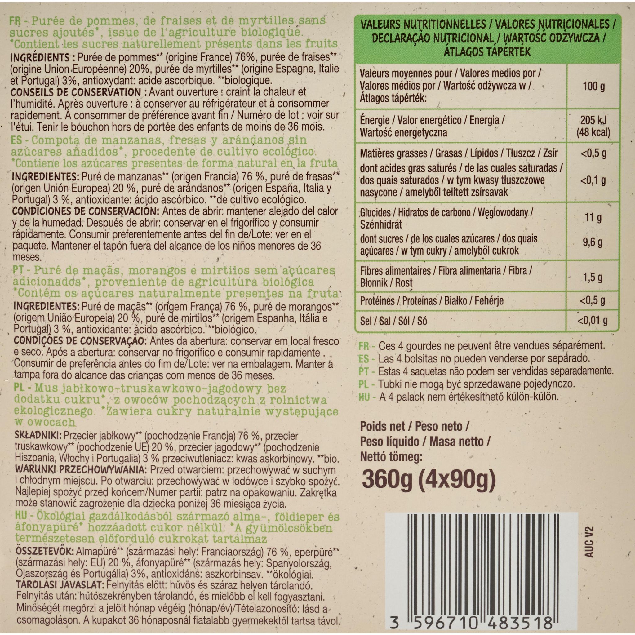 Voir la diapositive 3 : AUCHAN BIO Gourdes purée de pomme fraise myrtille sans sucres ajoutés 4x90g
