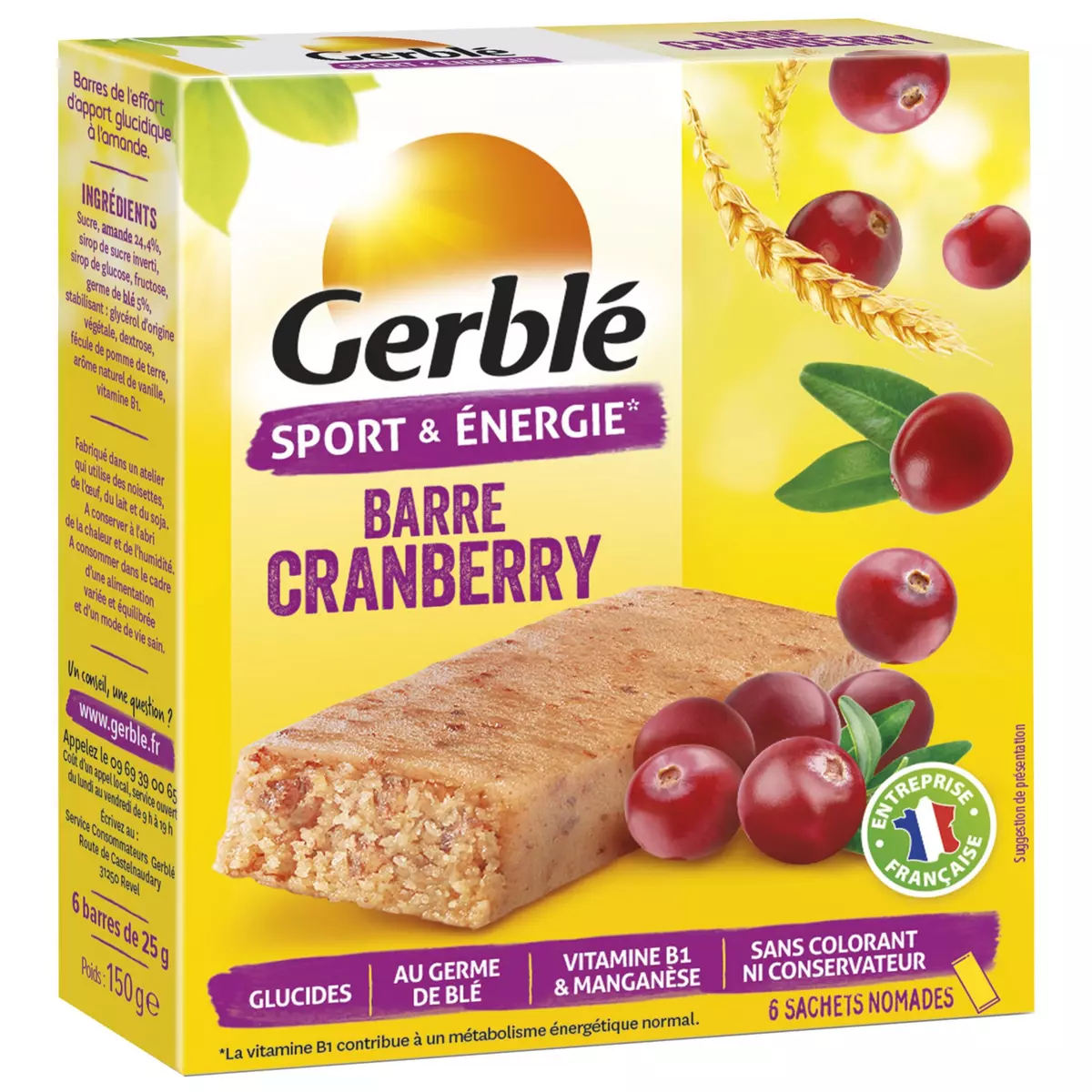 GERBLE Barres sport cranberry sachets individuels 6x25g 150g