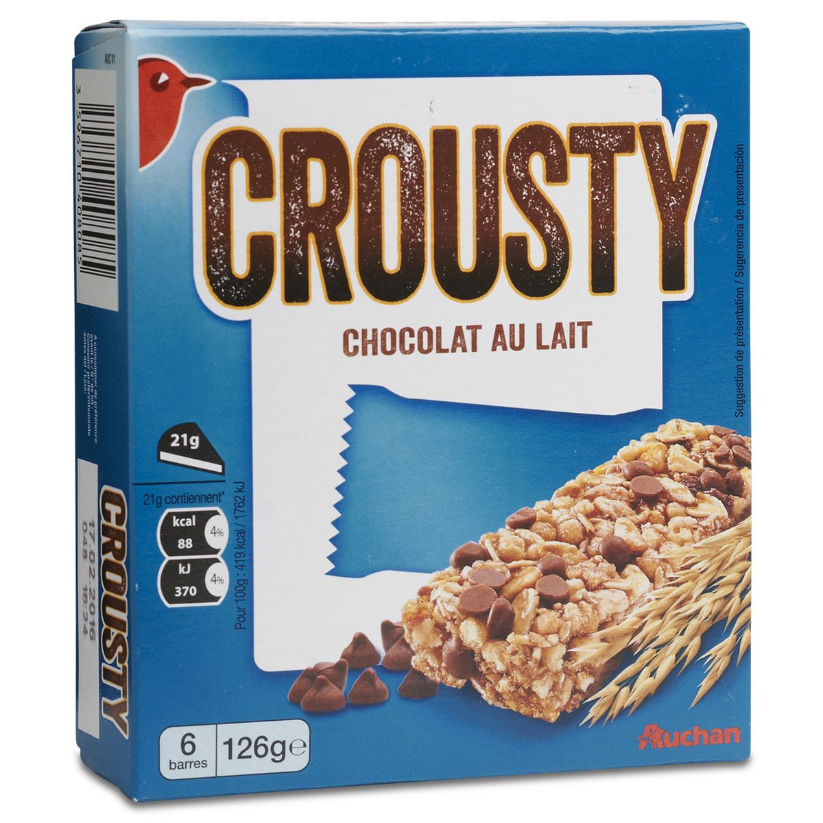 AUCHAN Crousty barre de céréales au chocolat au lait 6 pièces 126g