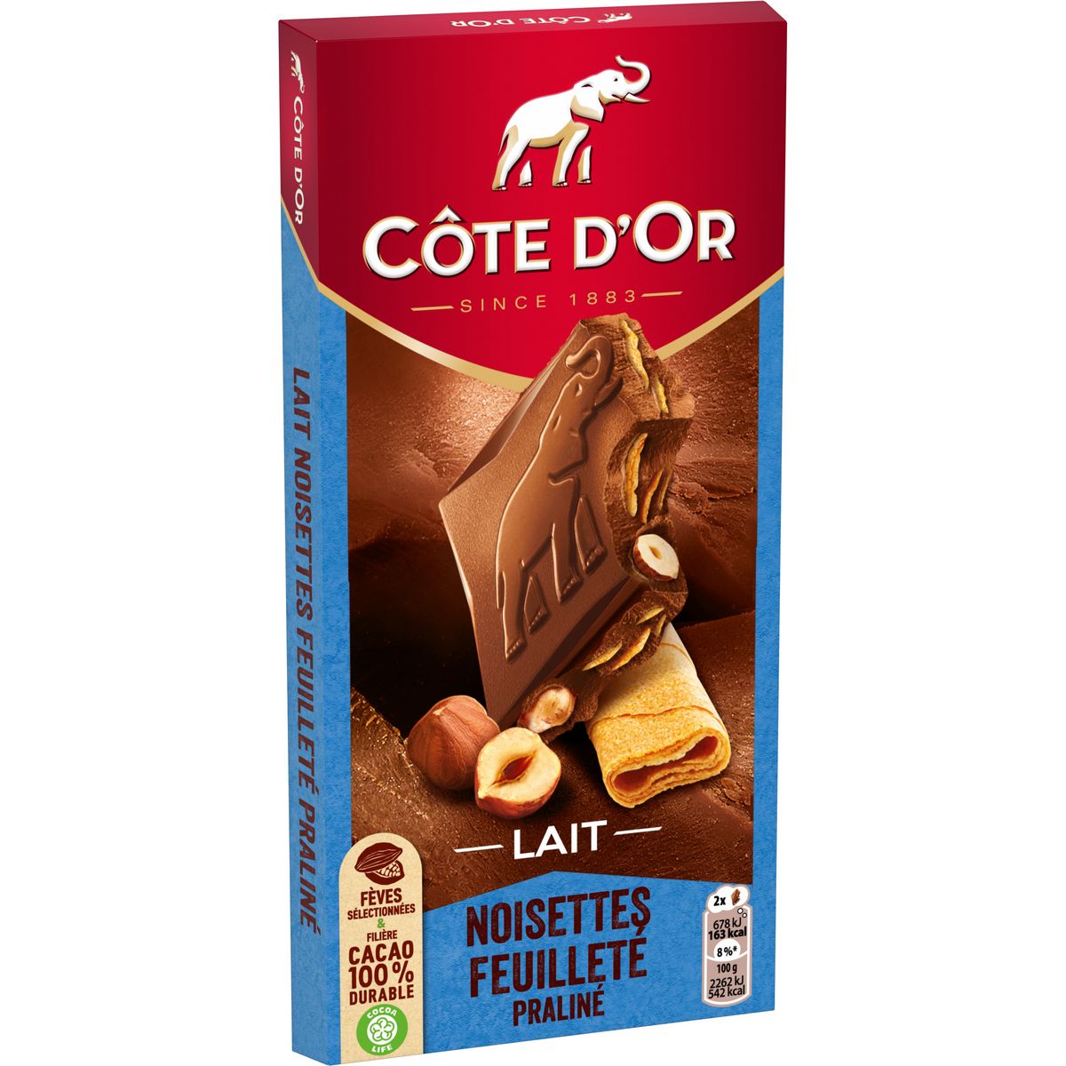 COTE D'OR Tablette de chocolat au lait, noisettes et feuilleté praliné 1 pièce 180g