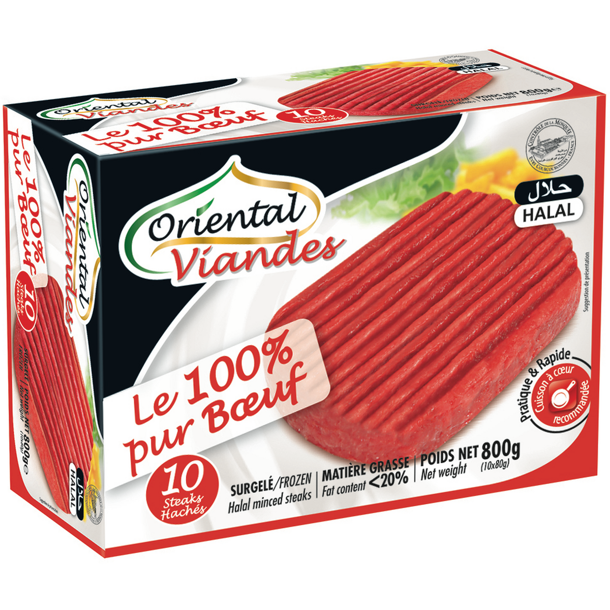 ORIENTAL VIANDES Steak haché halal pur boeuf 100% 10 pièces 10x80g