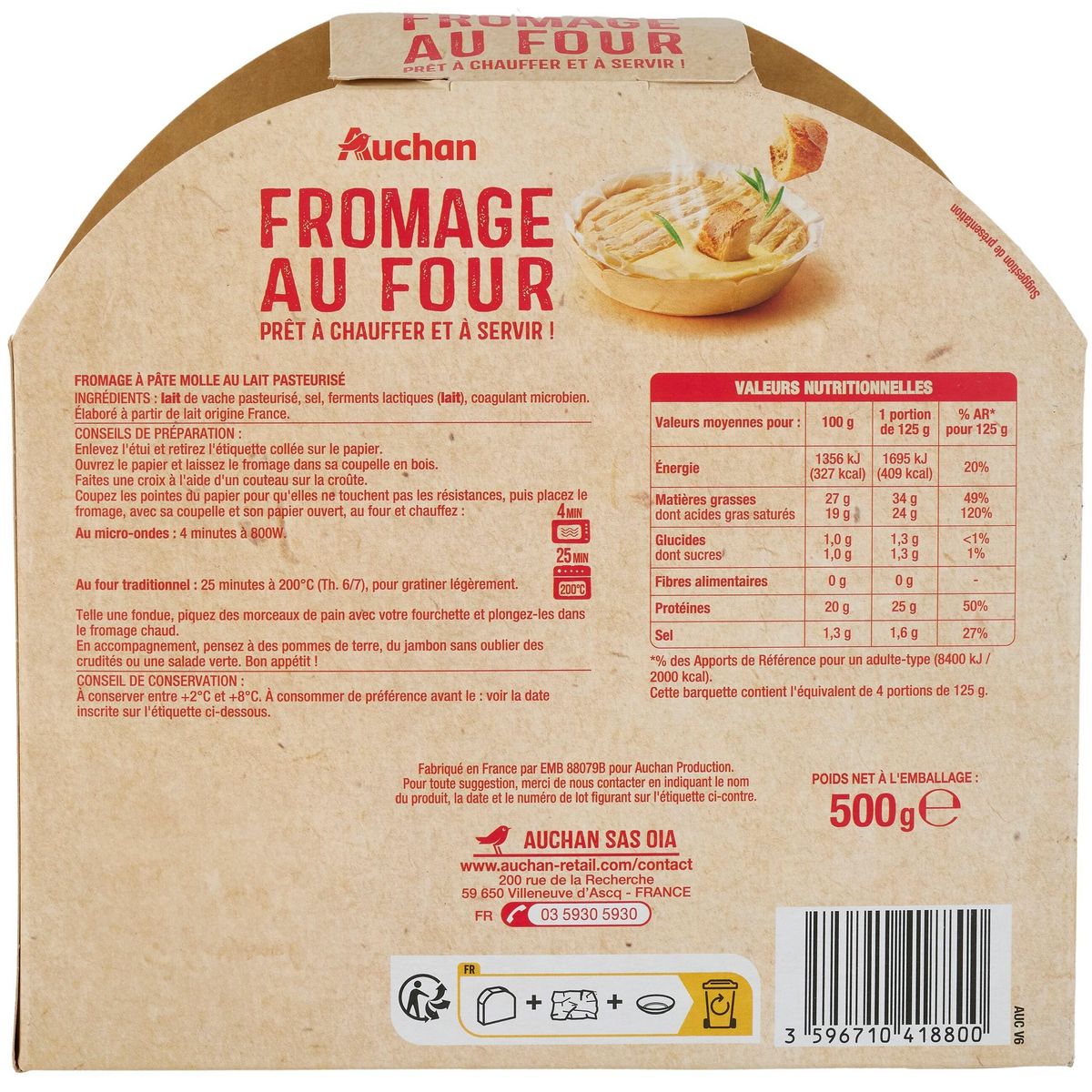 AUCHAN Fromage au four 3/4 parts 500g