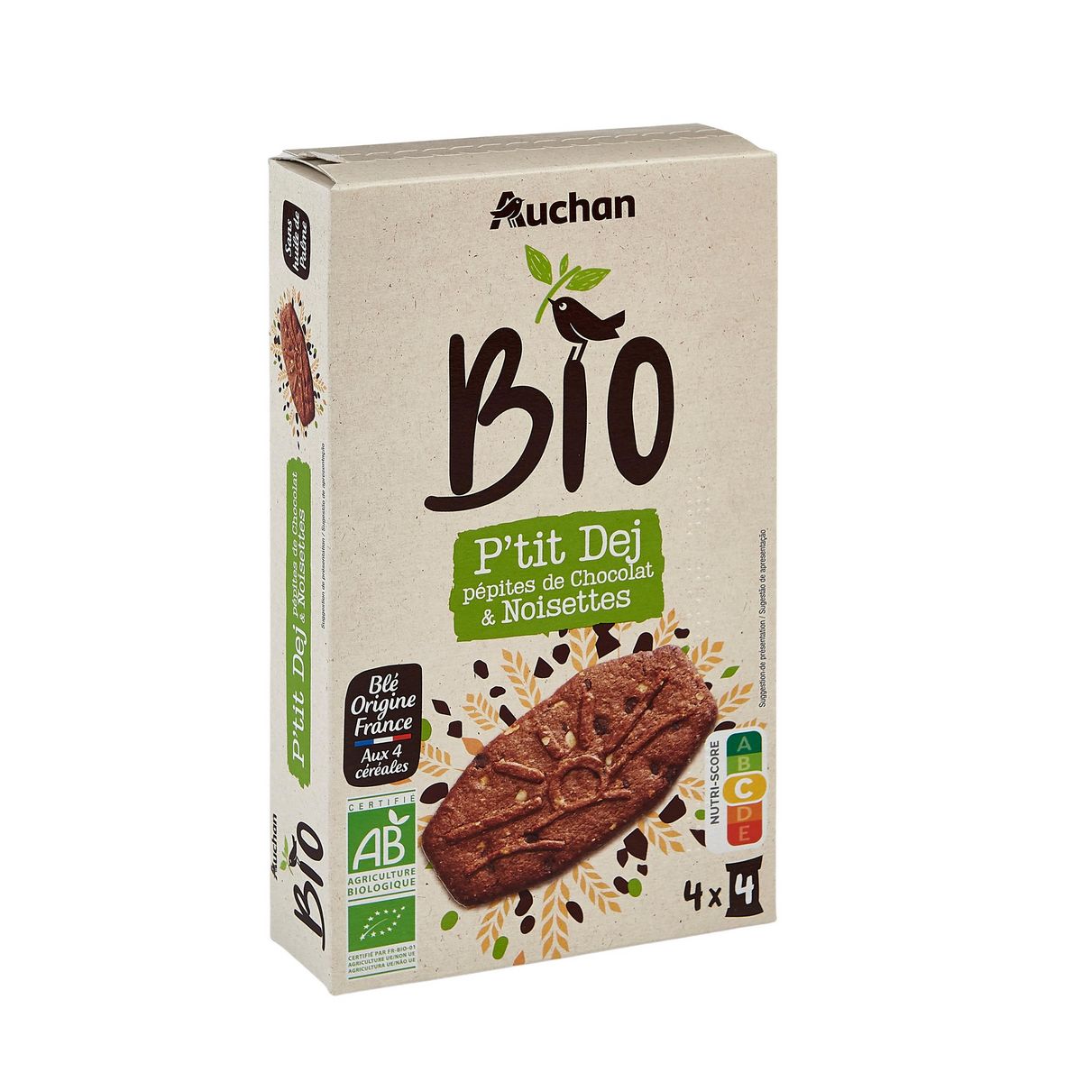 AUCHAN BIO Biscuits petit déjeuner pépites de chocolat et noisettes 4x4 biscuits 200g