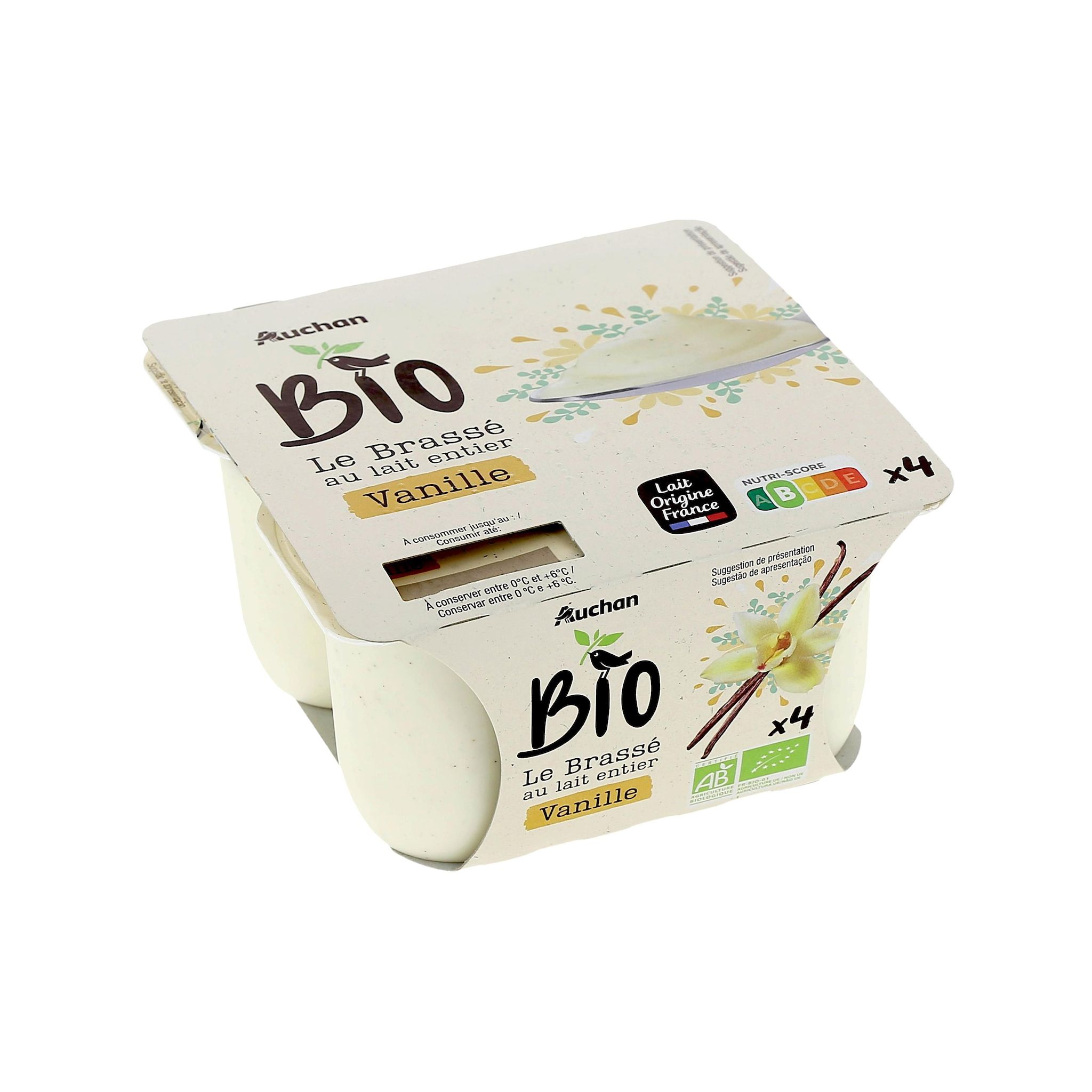 Voir la diapositive 2 : AUCHAN BIO Yaourt au lait entier brassé sucré à la vanille 4x100g