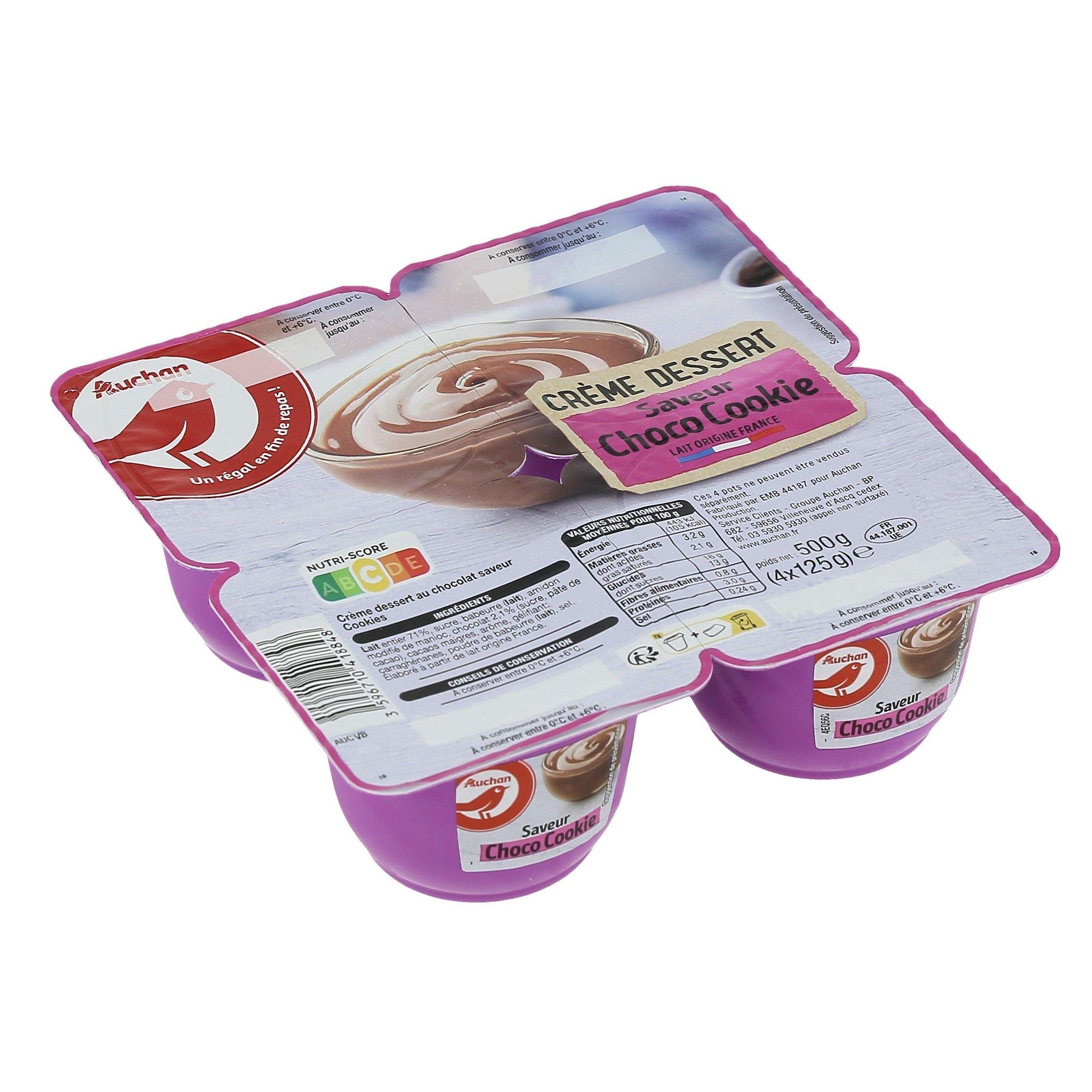 Voir la diapositive 2 : AUCHAN Crème dessert choco cookies 4x125g