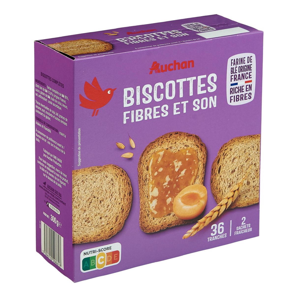AUCHAN Biscottes fibre et son 300g