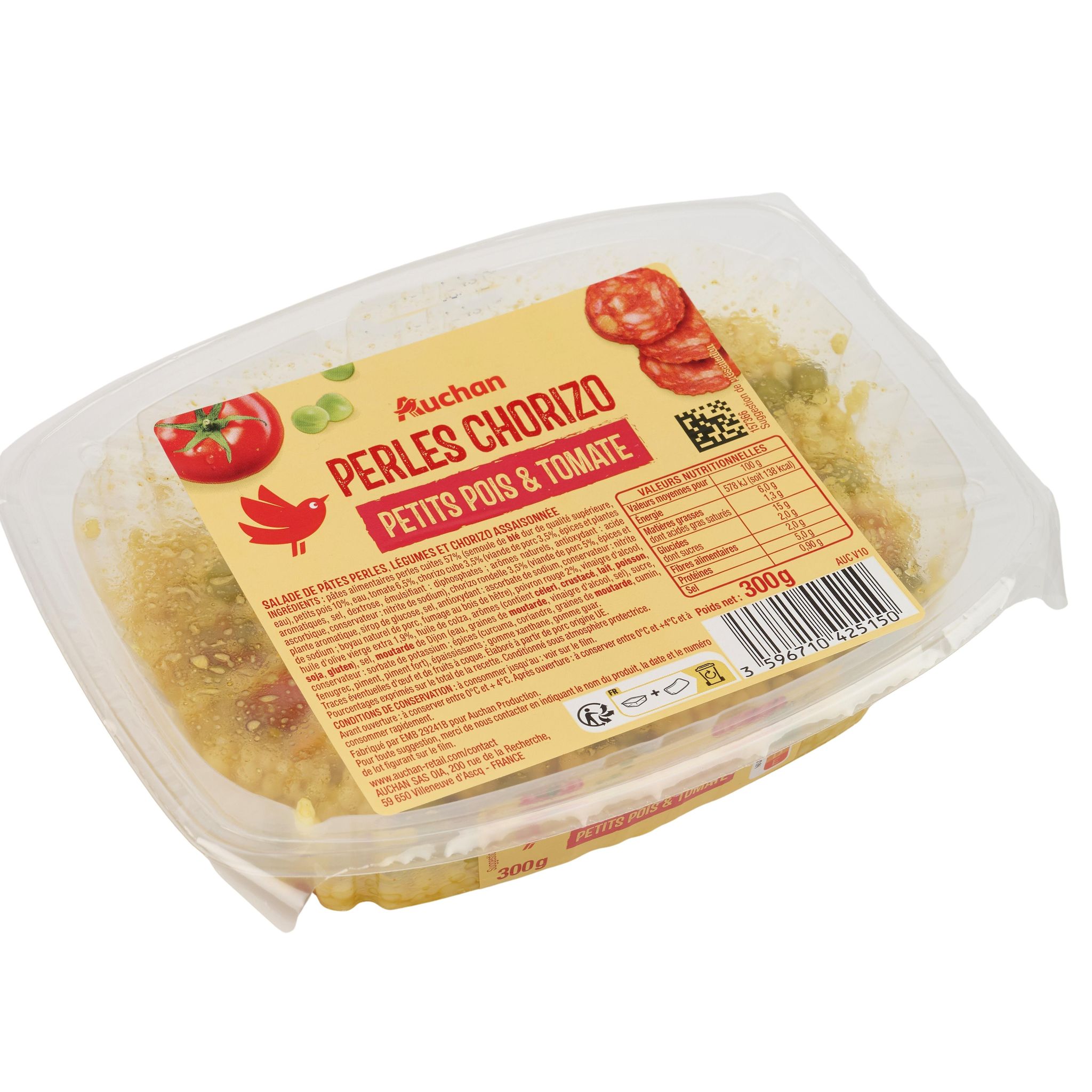 Voir la diapositive 2 : AUCHAN Salade de saison perles au chorizo 3 parts 300g