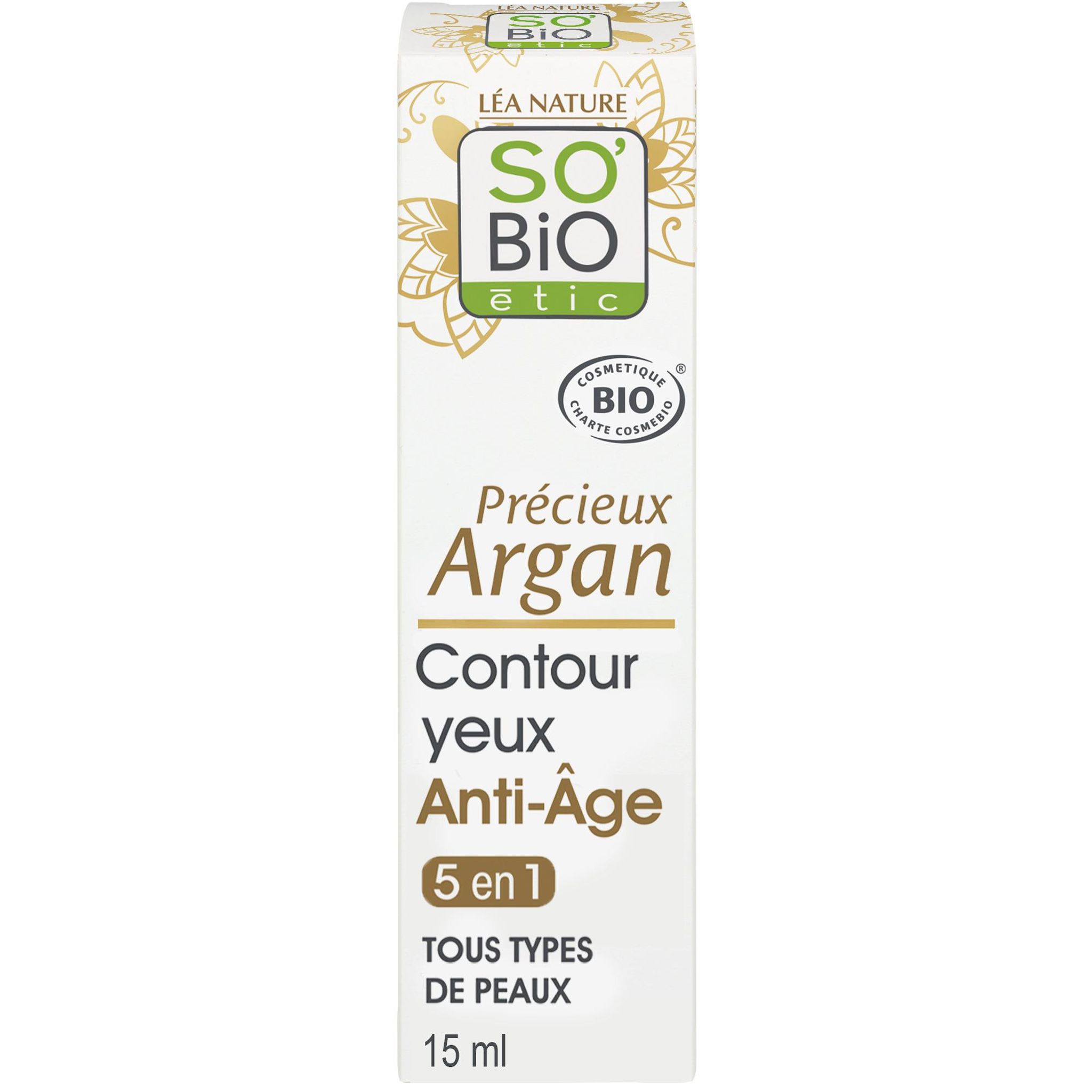 Voir la diapositive 2 : SO BIO ETIC Précieux Argan Contour yeux et lèvres anti-âge 5en1 à l'huile d'argan bio et acide hyaluronique tous types de peaux 15ml