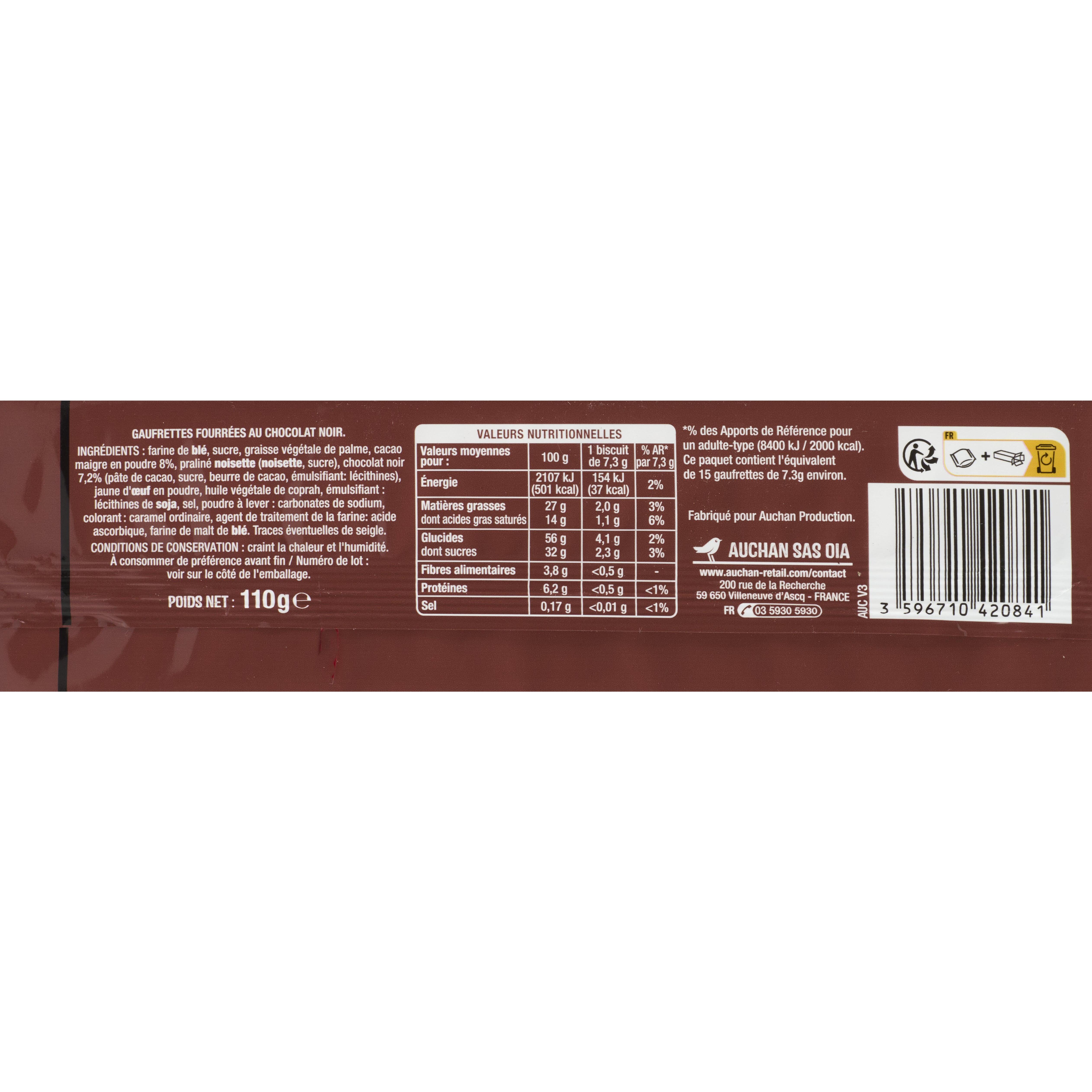 Voir la diapositive 2 : AUCHAN Gaufrettes légère fourrées au chocolat 15 pièces 110g