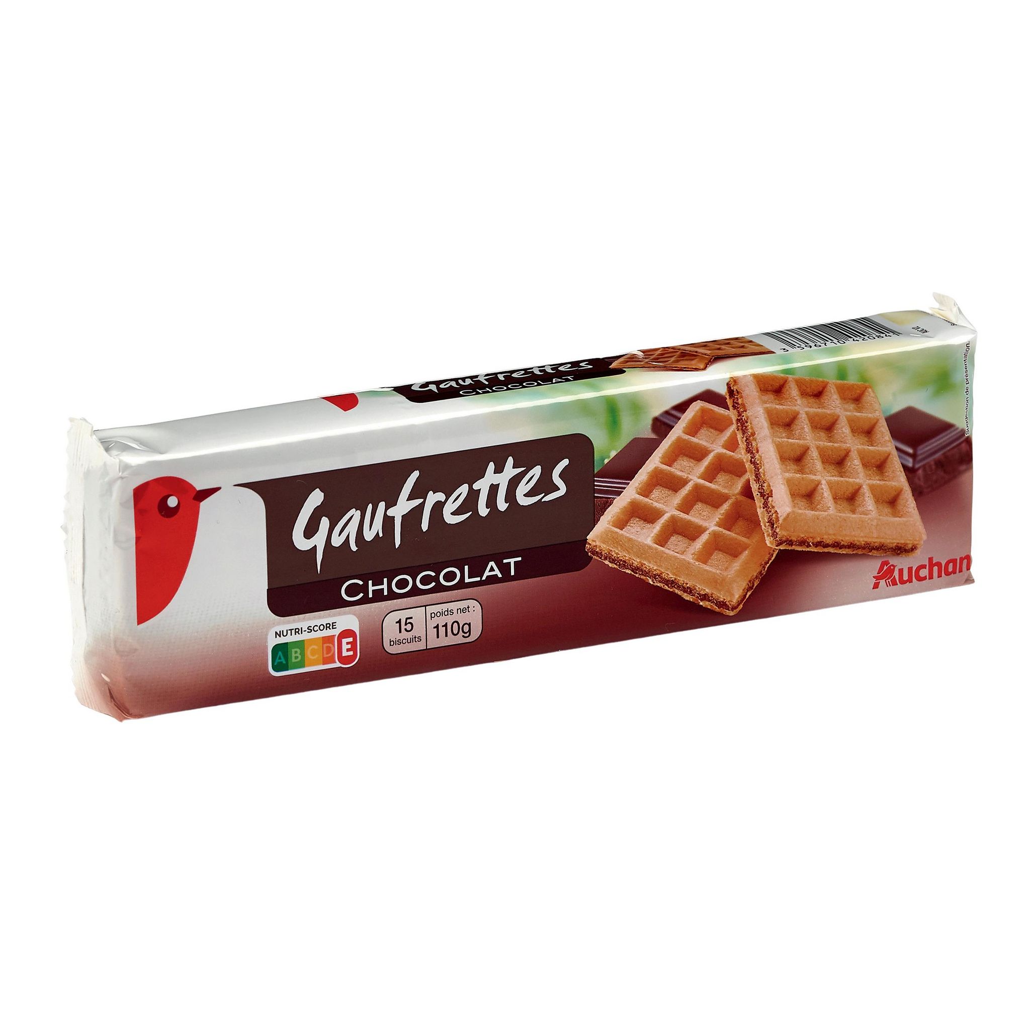 Voir la diapositive 2 : AUCHAN Gaufrettes légère fourrées au chocolat 15 pièces 110g