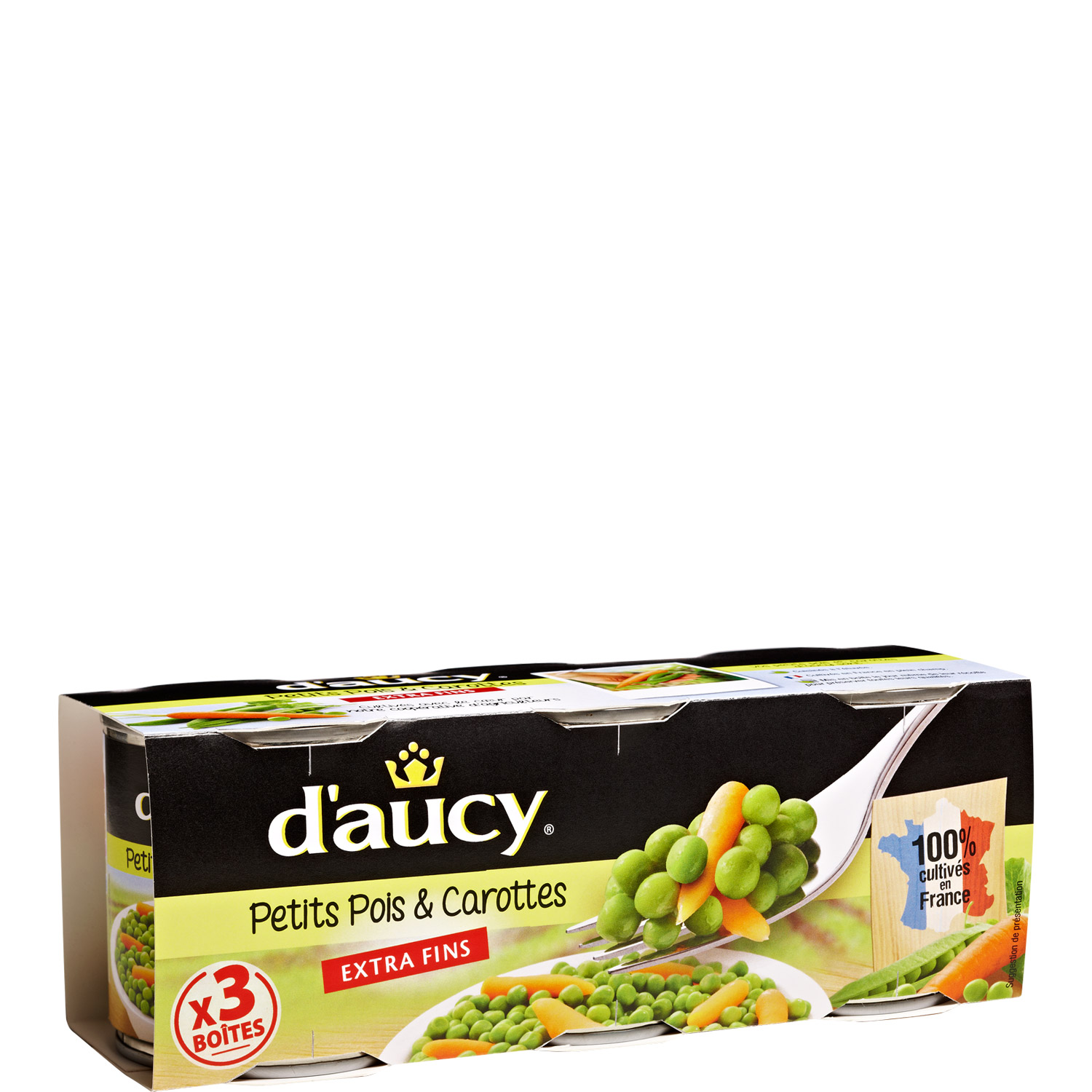 D'AUCY Petits pois carottes extra fins, 100% cultivés en France 3x130g