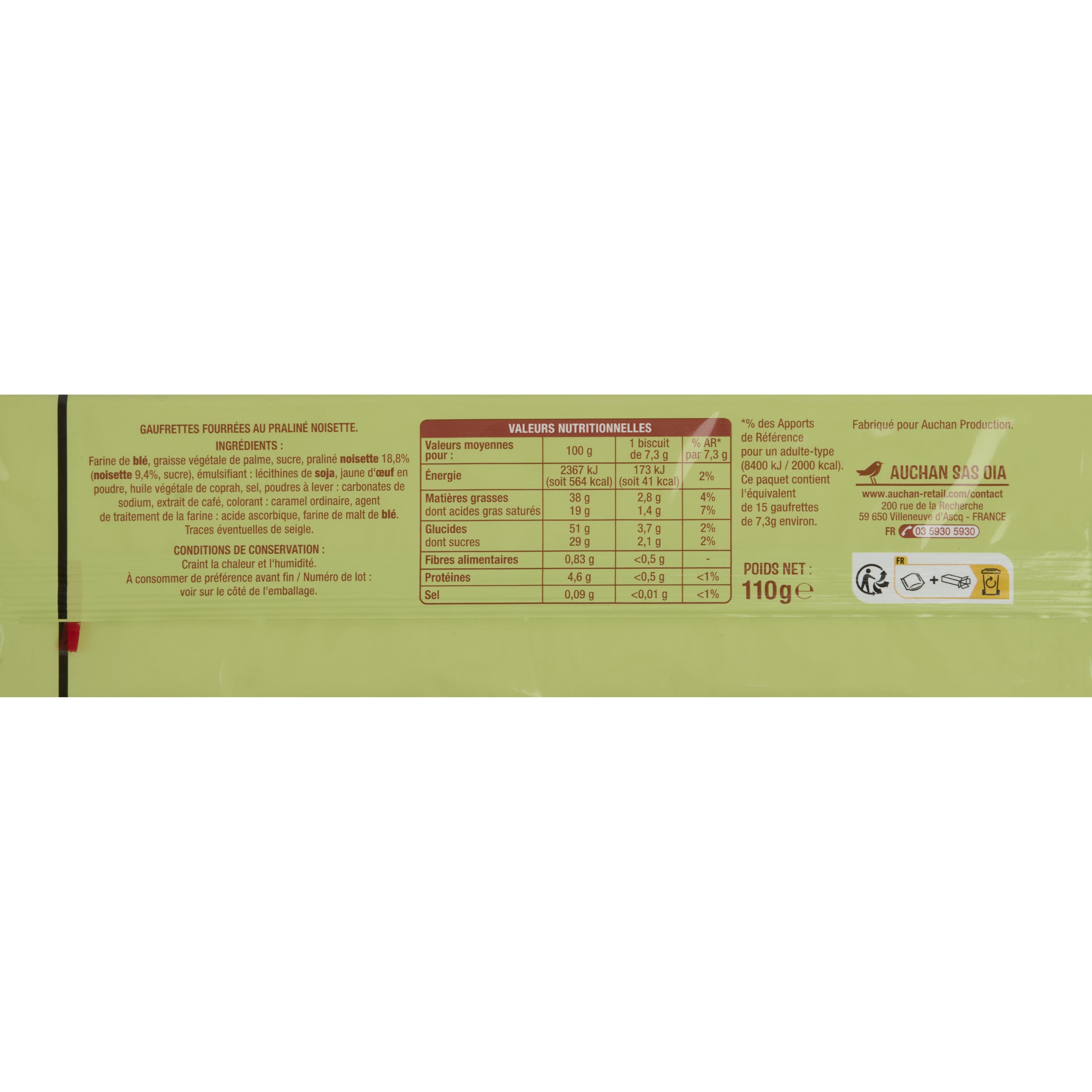 Voir la diapositive 2 : AUCHAN Gaufrettes fourrées praliné noisette 15 biscuits 110g