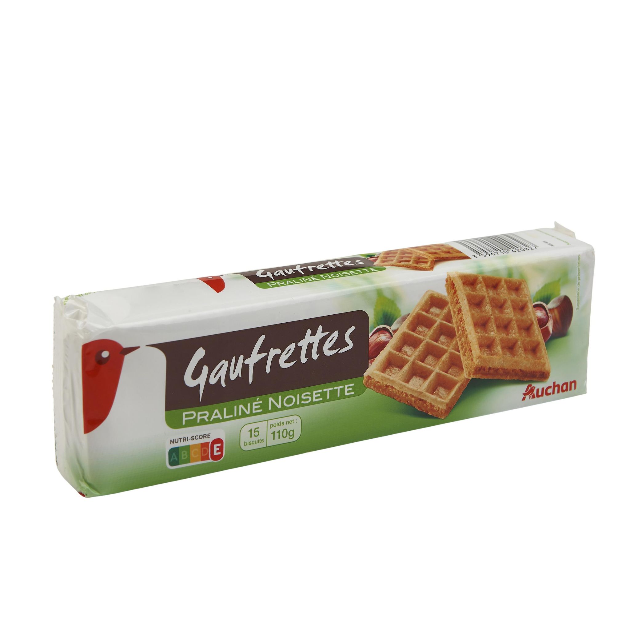Voir la diapositive 2 : AUCHAN Gaufrettes fourrées praliné noisette 15 biscuits 110g