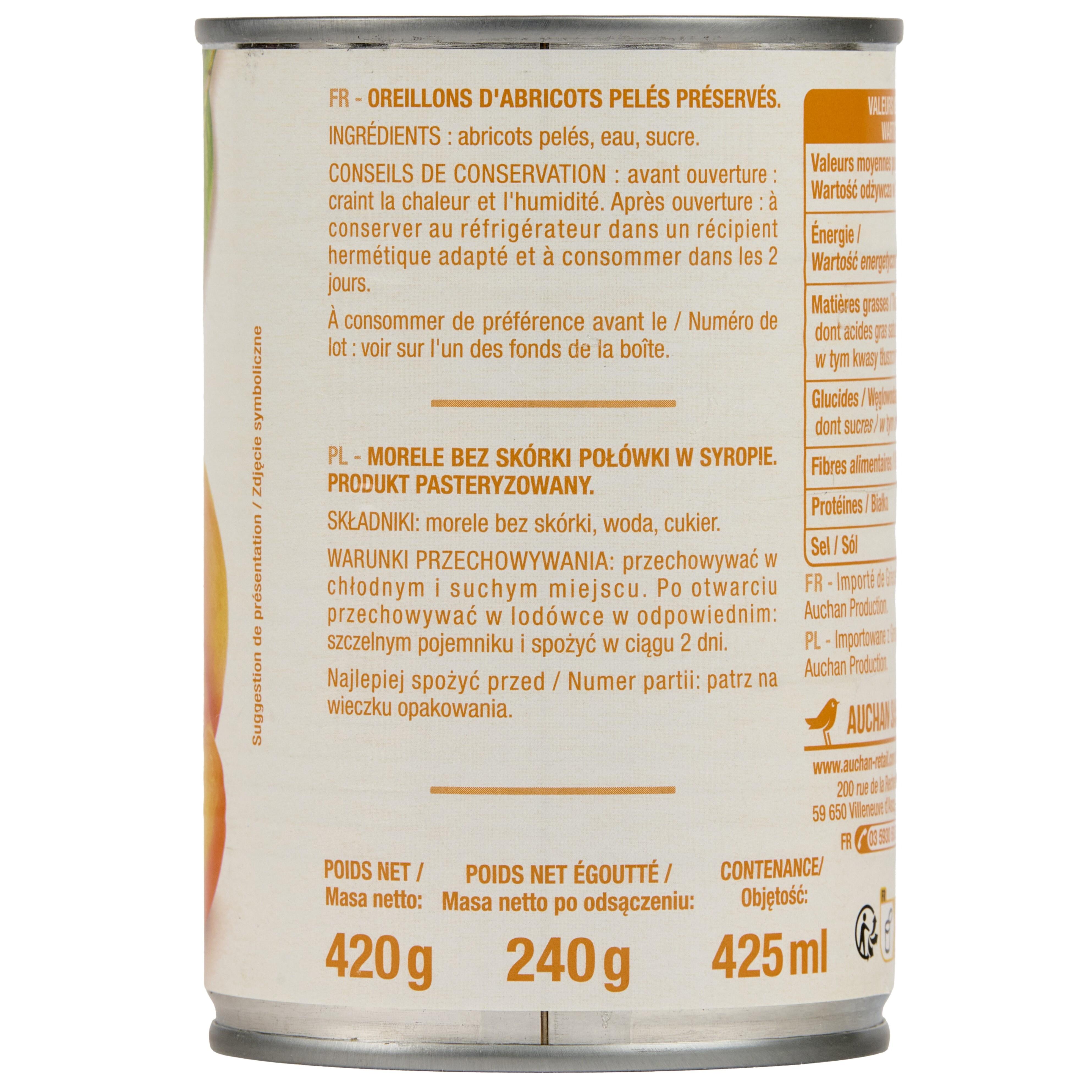 Voir la diapositive 2 : AUCHAN Oreillons d'abricots au sirop léger 1-2 portions 420g