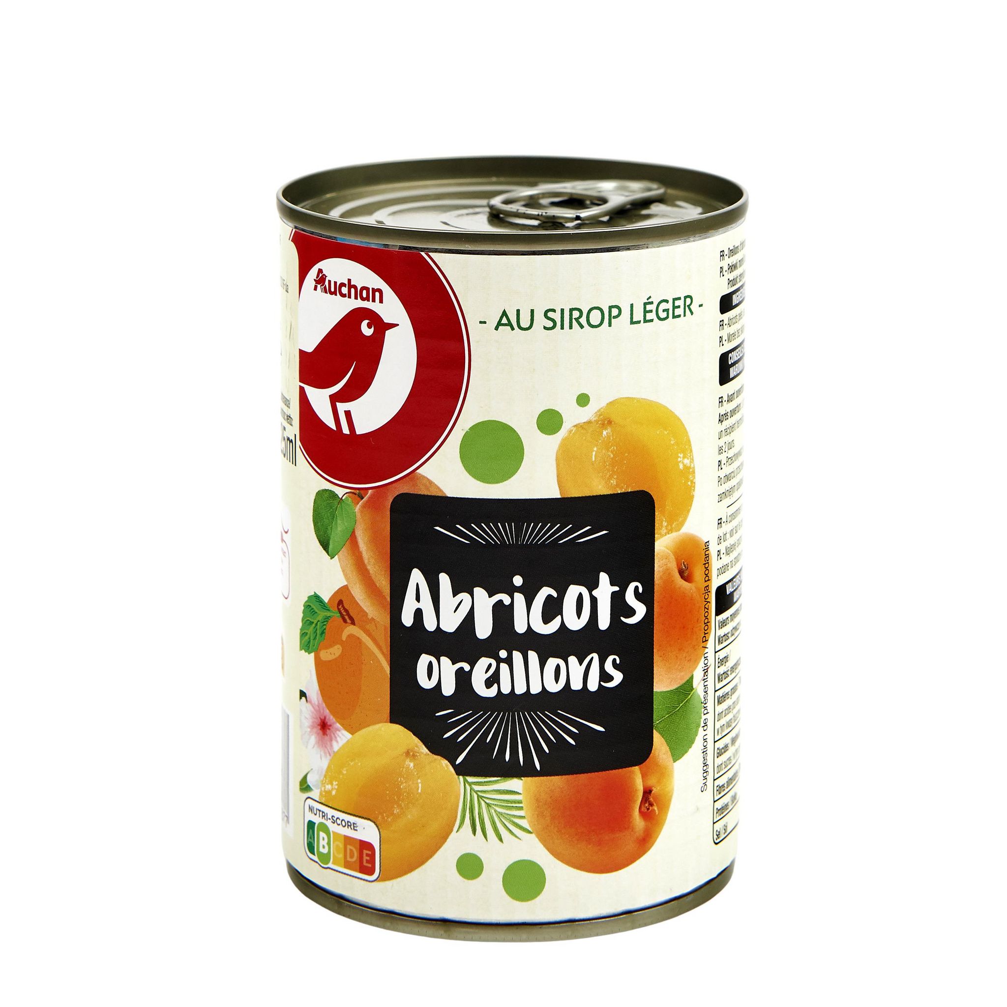 Voir la diapositive 2 : AUCHAN Oreillons d'abricots au sirop léger 1-2 portions 420g