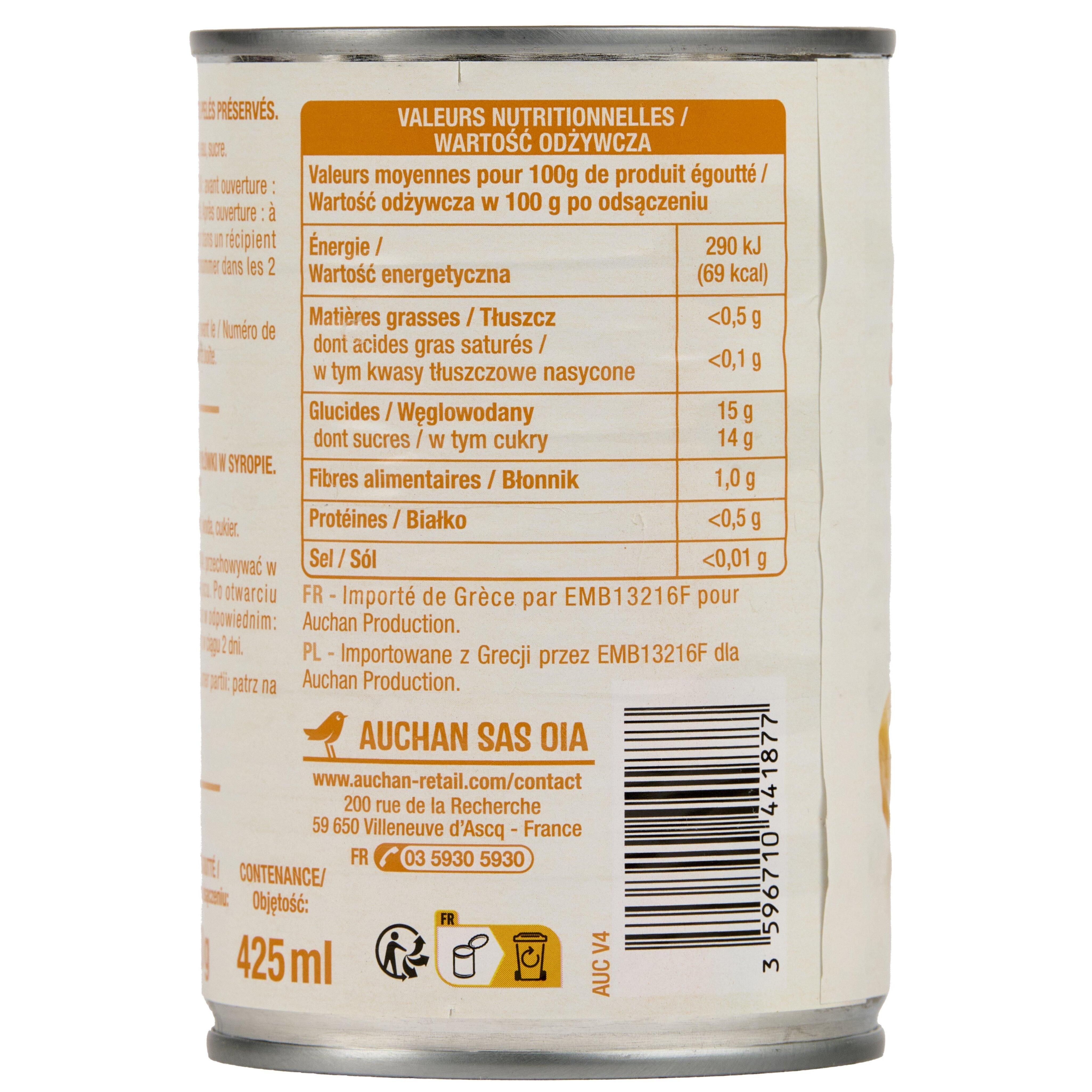 Voir la diapositive 5 : AUCHAN Oreillons d'abricots au sirop léger 1-2 portions 420g
