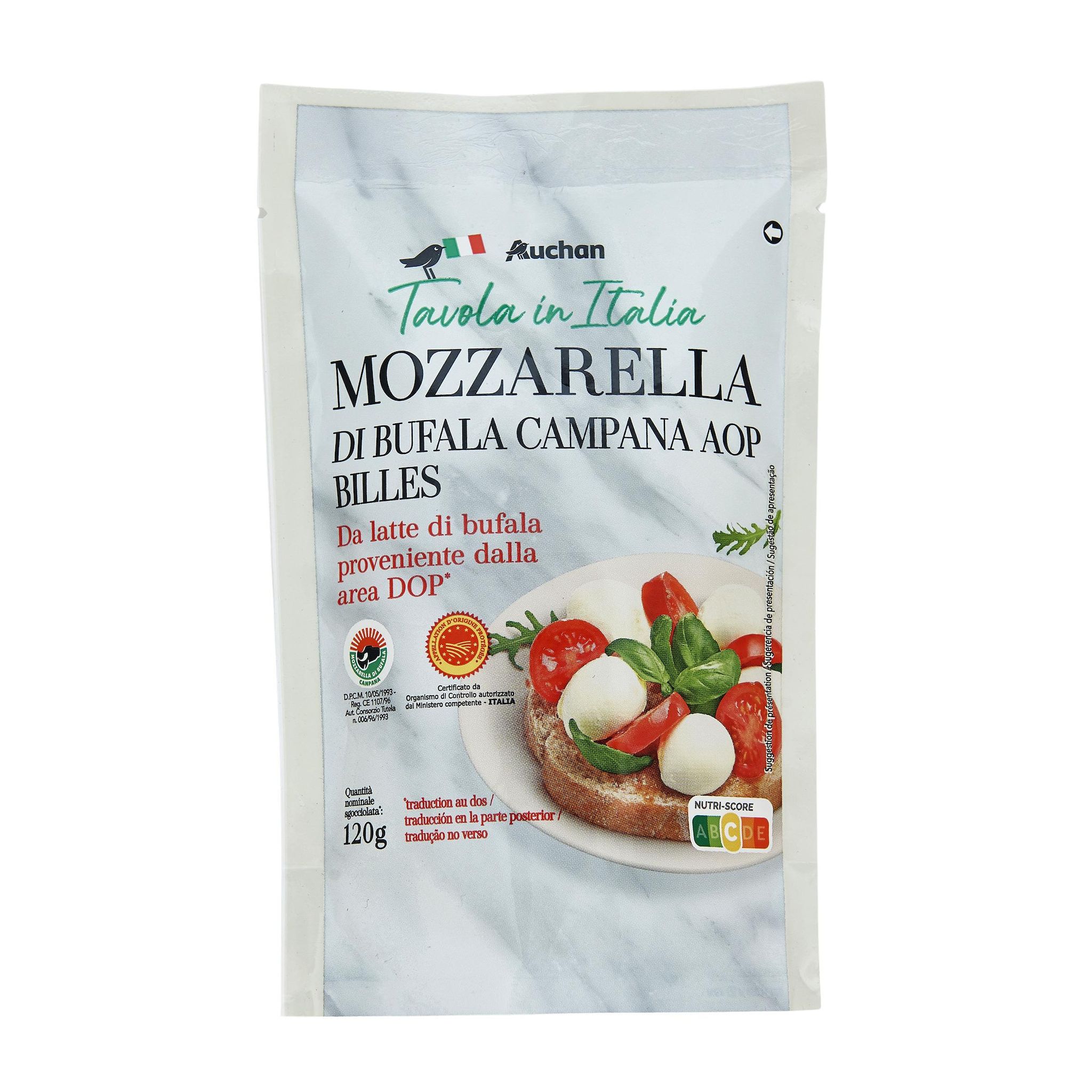 Voir la diapositive 2 : AUCHAN TAVOLA IN ITALIA Billes de mozzarella di bufala campana AOP 120g