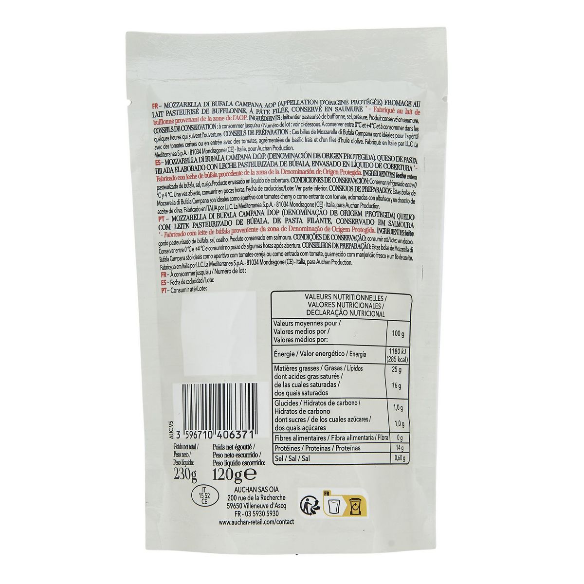 AUCHAN TAVOLA IN ITALIA Billes de mozzarella di bufala campana AOP 120g