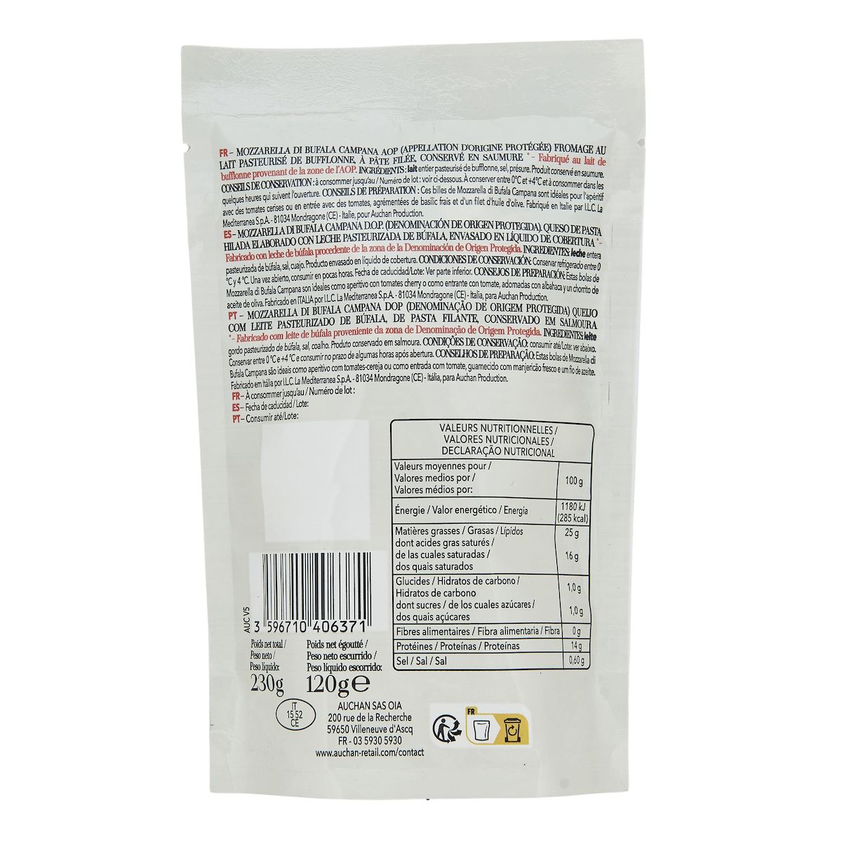 AUCHAN TAVOLA IN ITALIA Billes de mozzarella di bufala campana AOP 120g