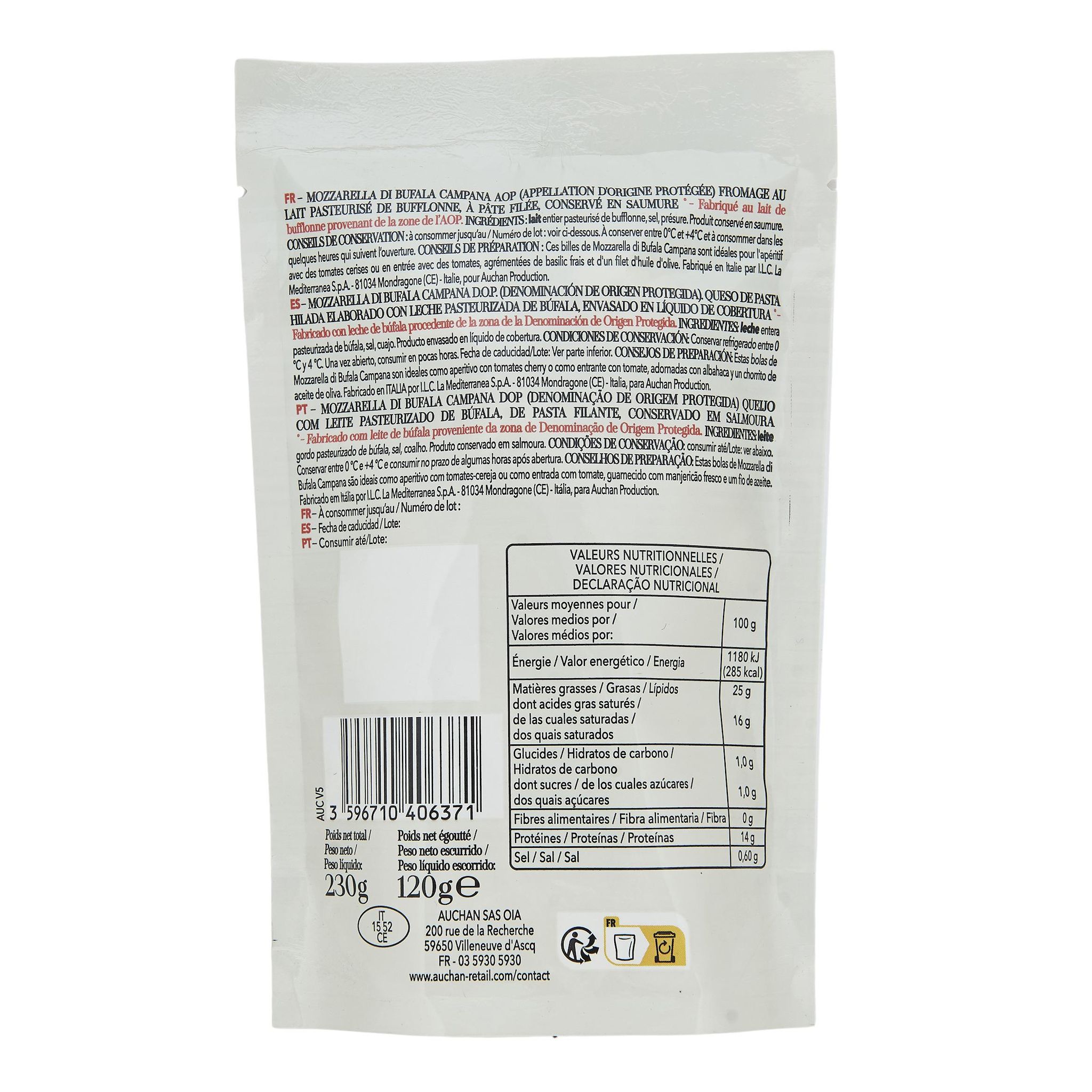 Voir la diapositive 4 : AUCHAN TAVOLA IN ITALIA Billes de mozzarella di bufala campana AOP 120g