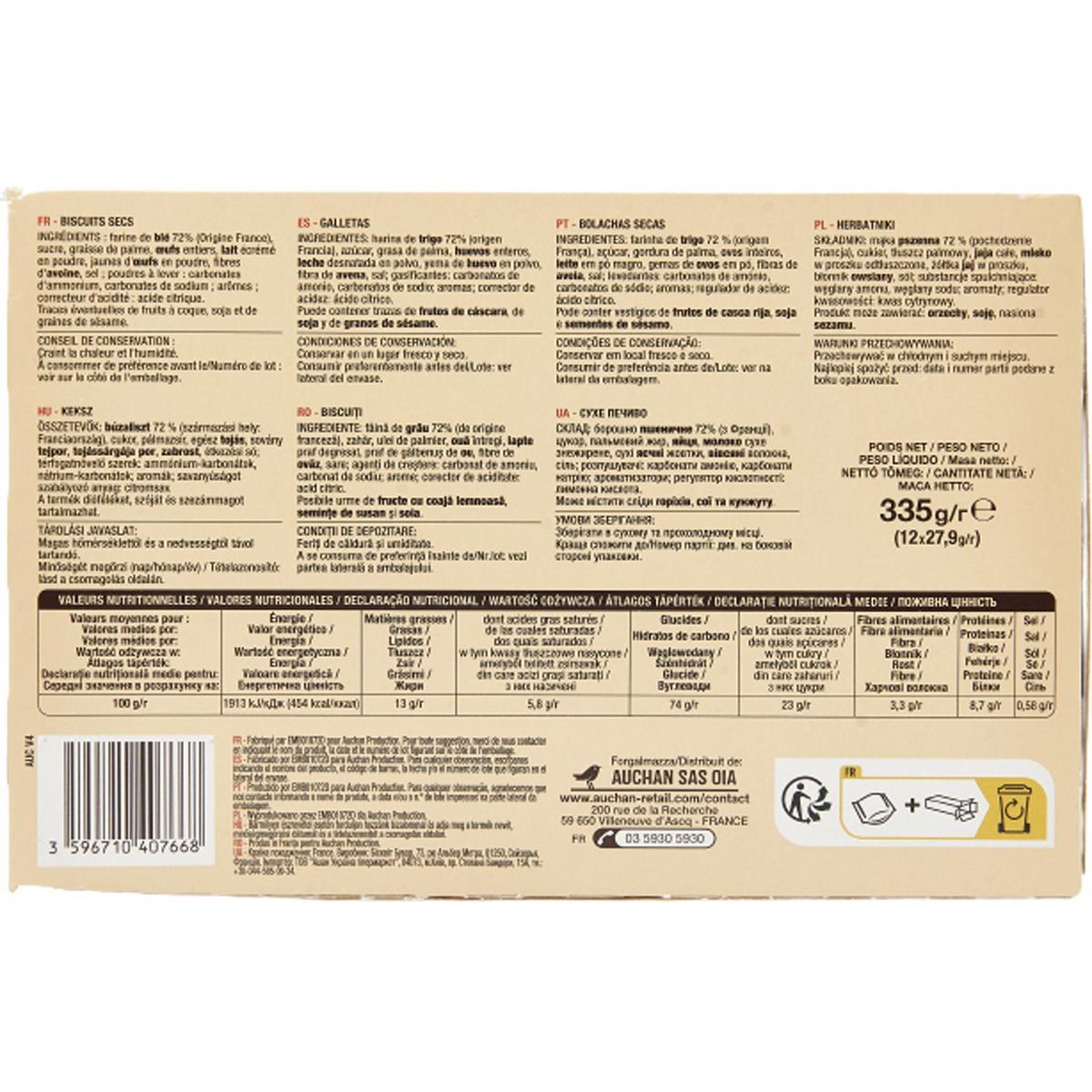 AUCHAN Biscuits dégustation pause thé sachets fraîcheur 12x4 biscuits 335g