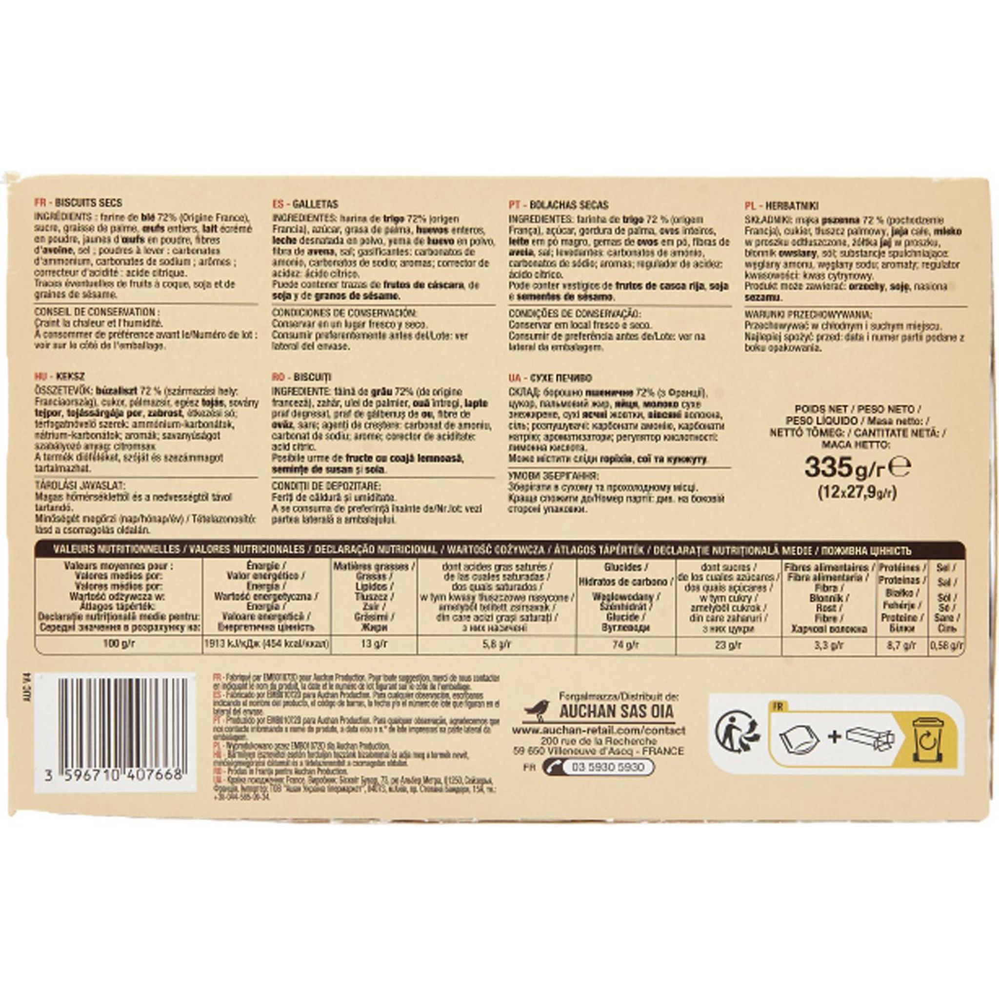 Voir la diapositive 2 : AUCHAN Biscuits dégustation pause thé sachets fraîcheur 12x4 biscuits 335g