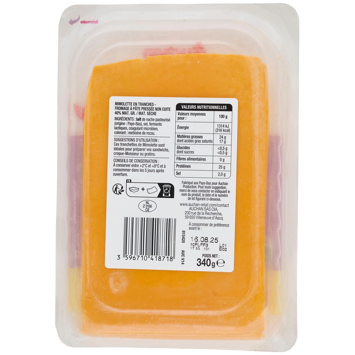 AUCHAN Mimolette en tranche 17 tranches 340g
