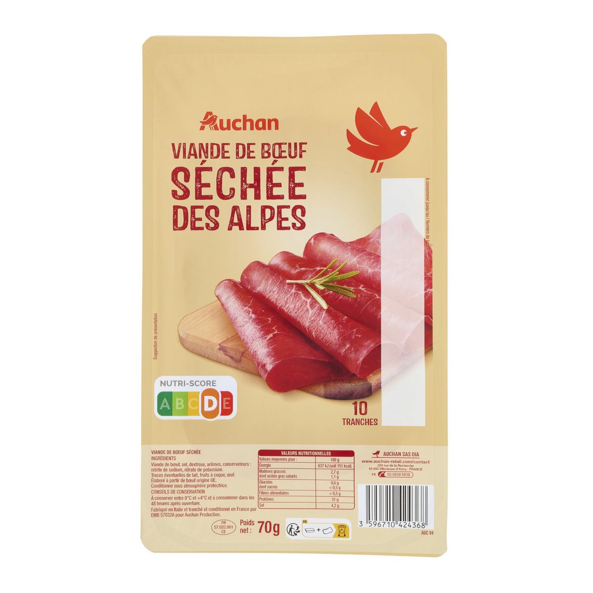 AUCHAN Viande de boeuf séchée 10 tranches 70g