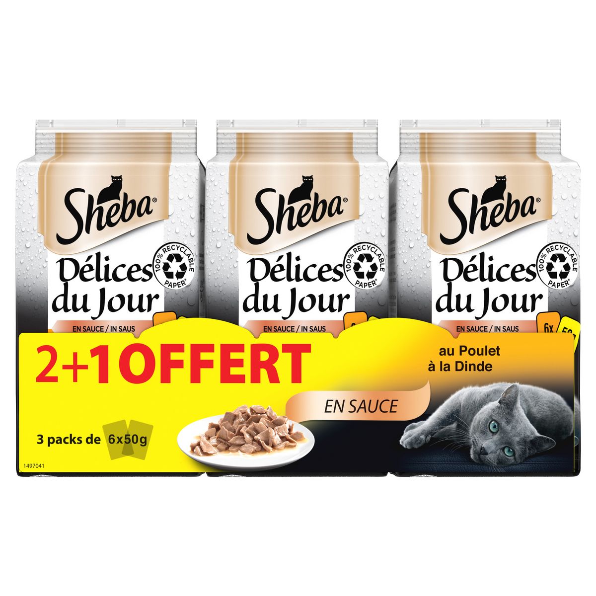 SHEBA Délices du jour sachets repas pâtée en sauce viandes pour chat 2+1 offert 18x50g
