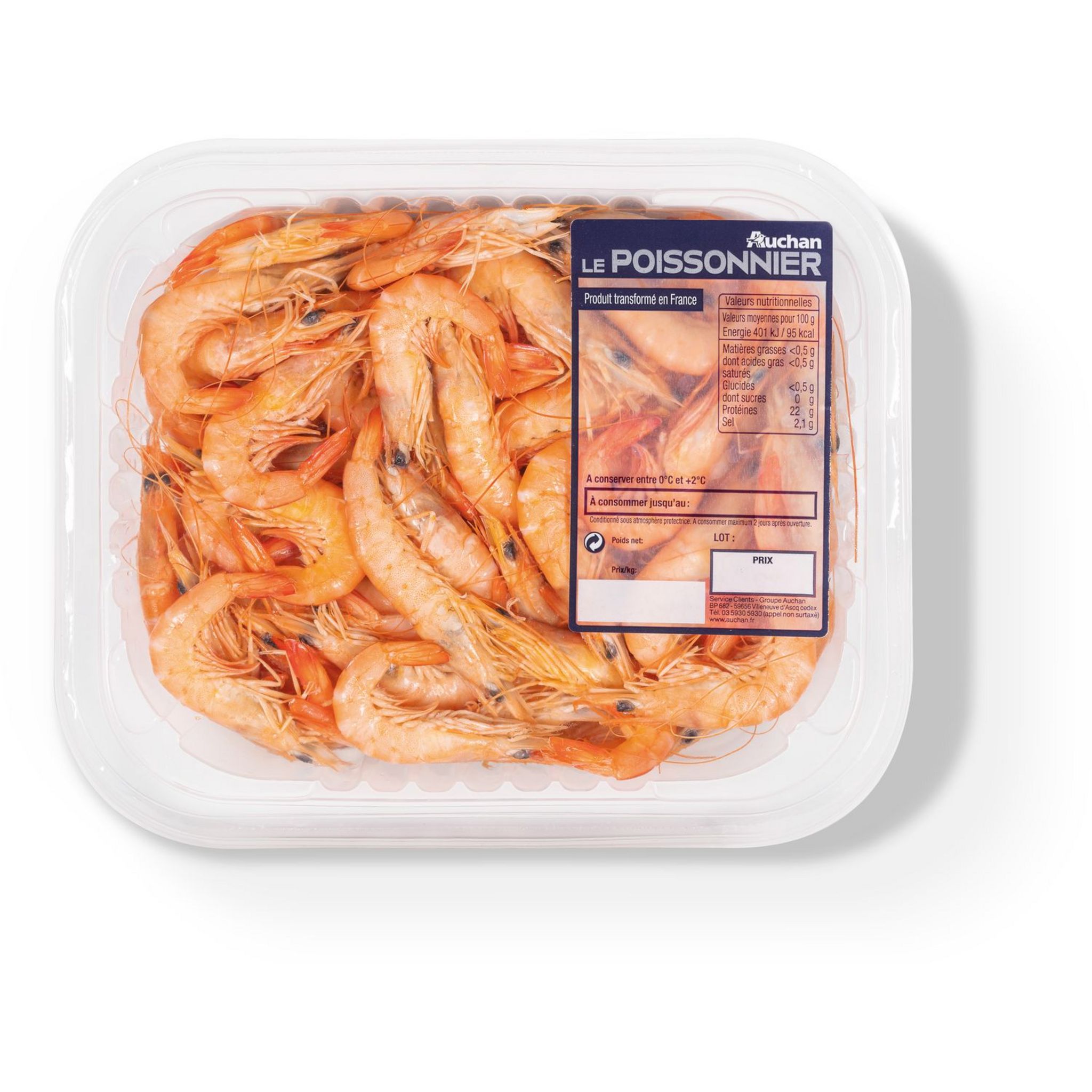 Voir la diapositive 2 : AUCHAN LE POISSONNIER Crevette sauvage filière 120/150 2 personnes 500g
