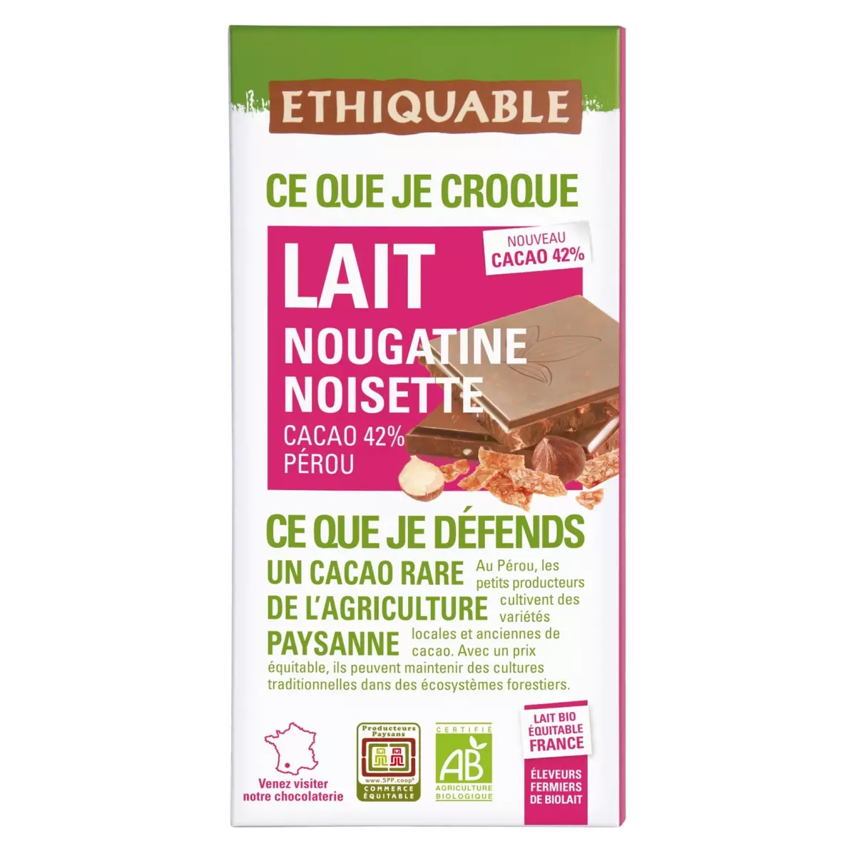 ETHIQUABLE Tablette de chocolat au lait bio équitable nougatine et noisettes cacao 42% Pérou 1 pièce 100g