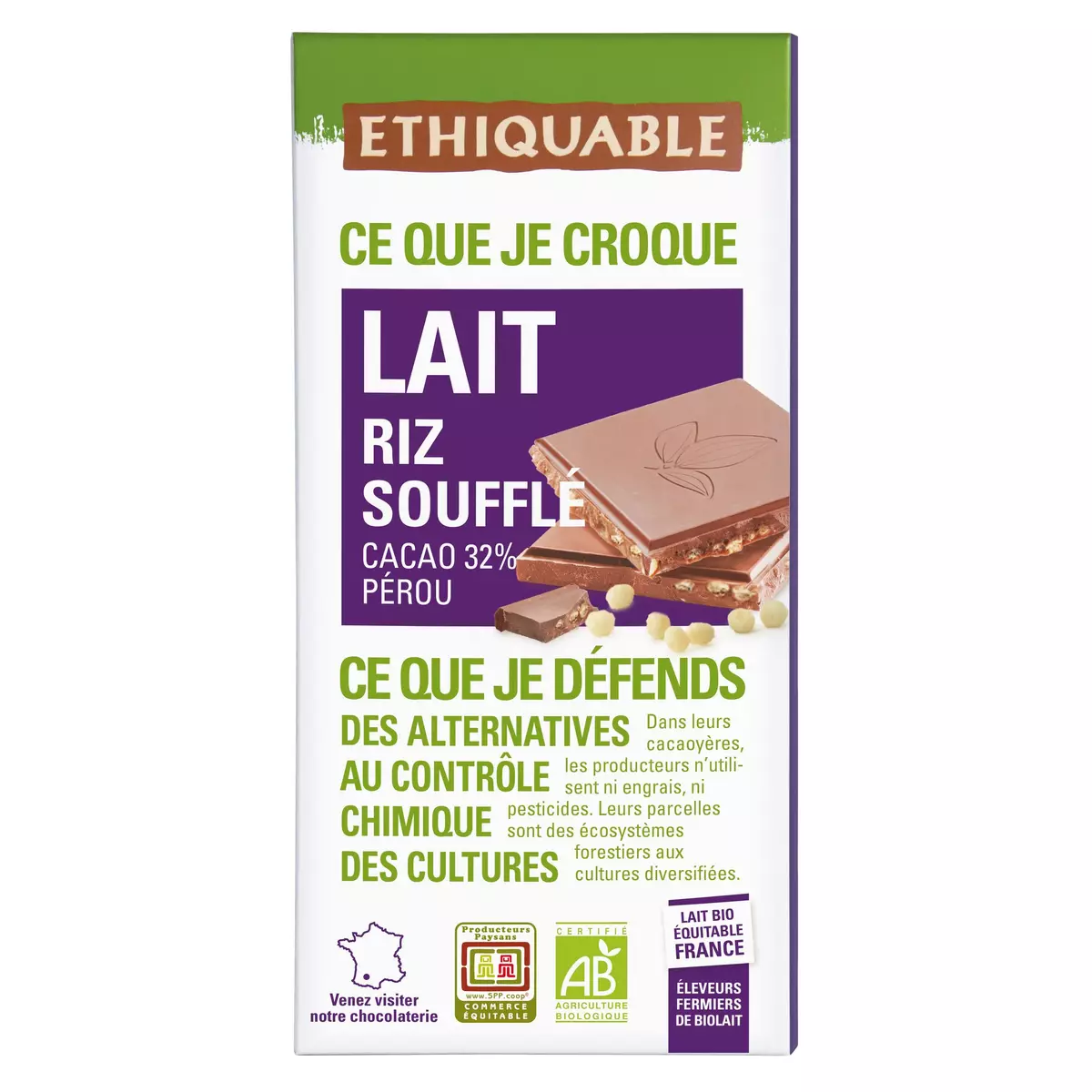 ETHIQUABLE Tablette de chocolat au lait bio équitable au riz soufflé 1 pièce 100g