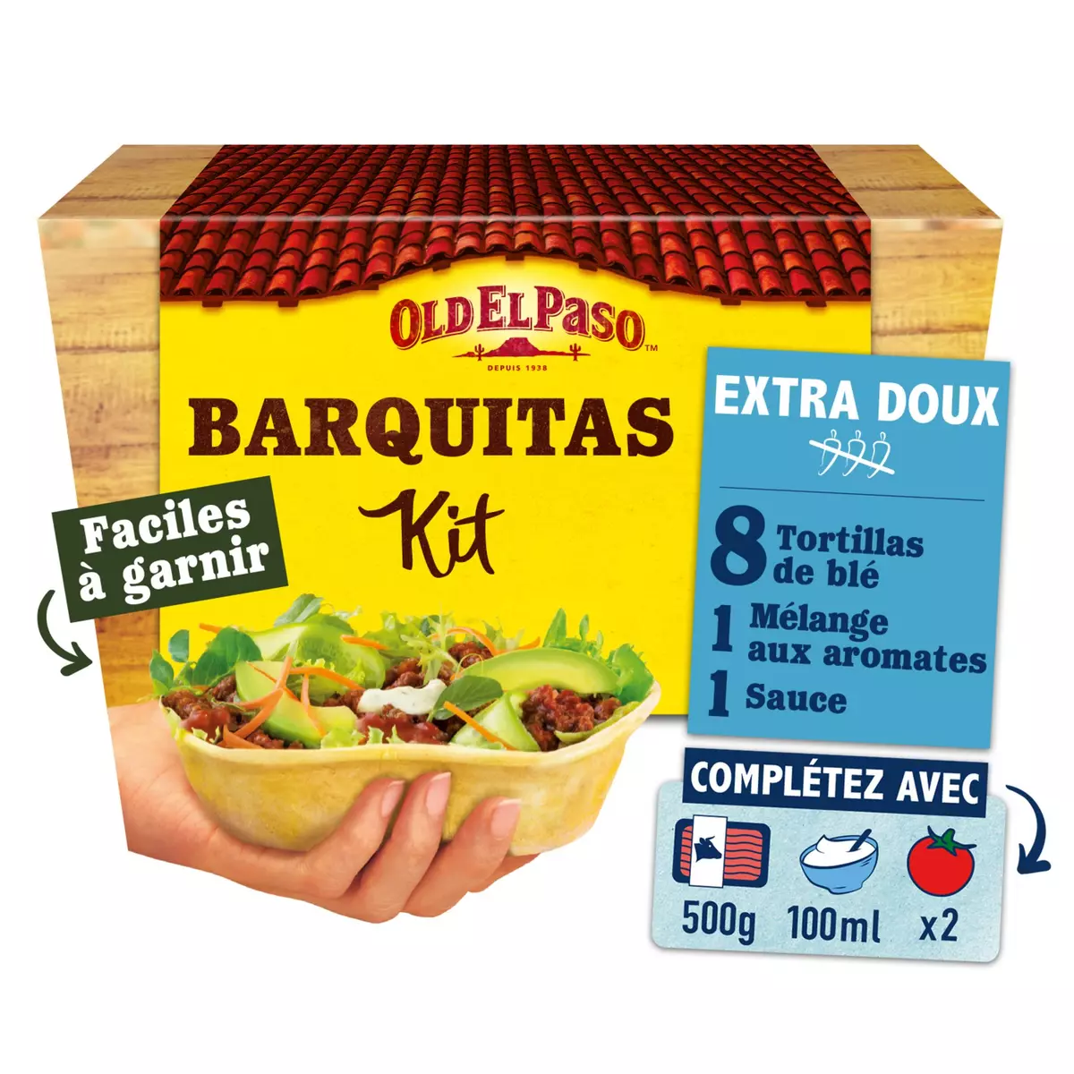 OLD EL PASO Barquitas kit galettes sauce et mélange d'aromates extra doux 8 galettes 329g